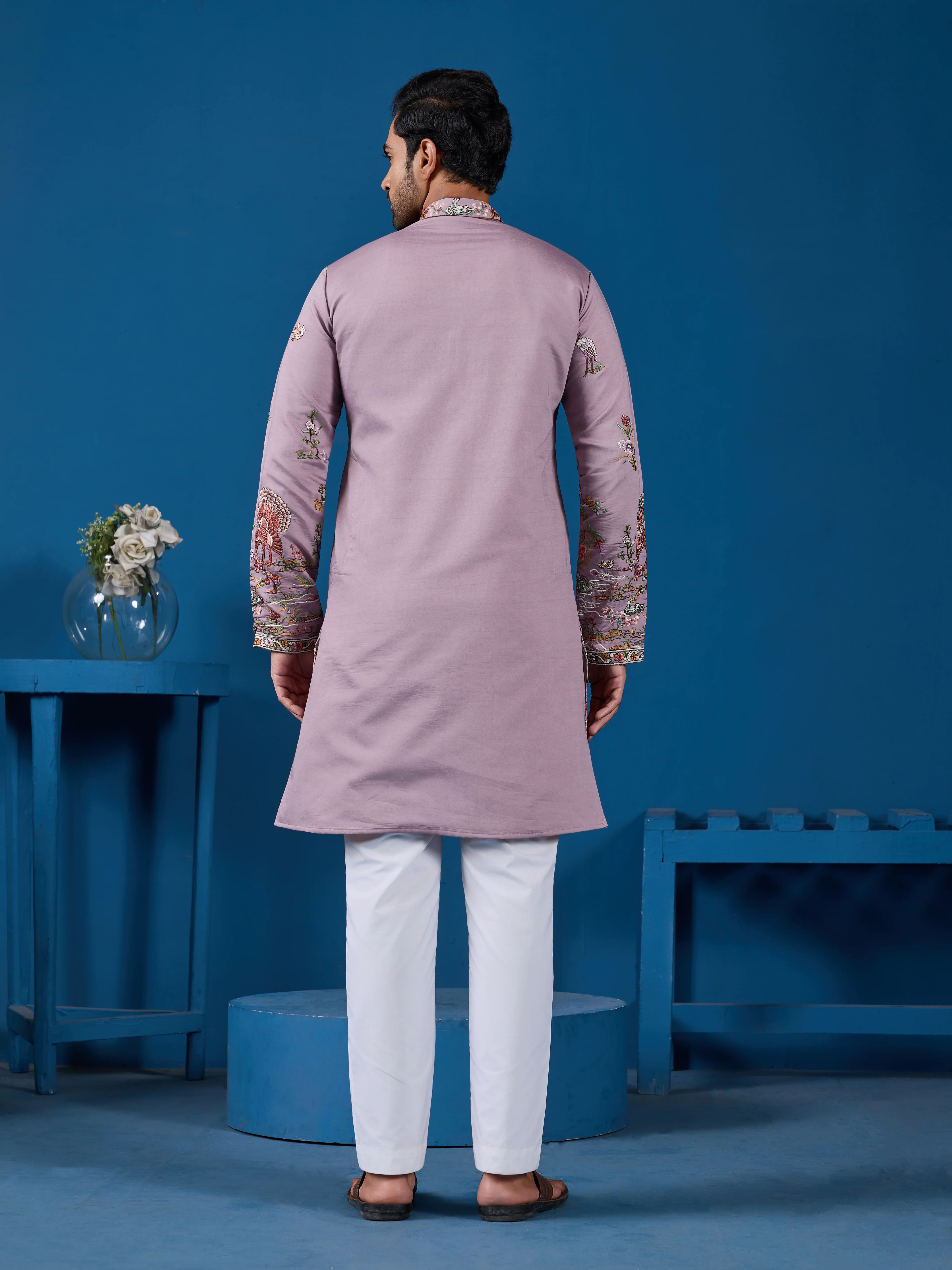 Heavy Embroidered Dusty Pink Kurta for Men - Image 7