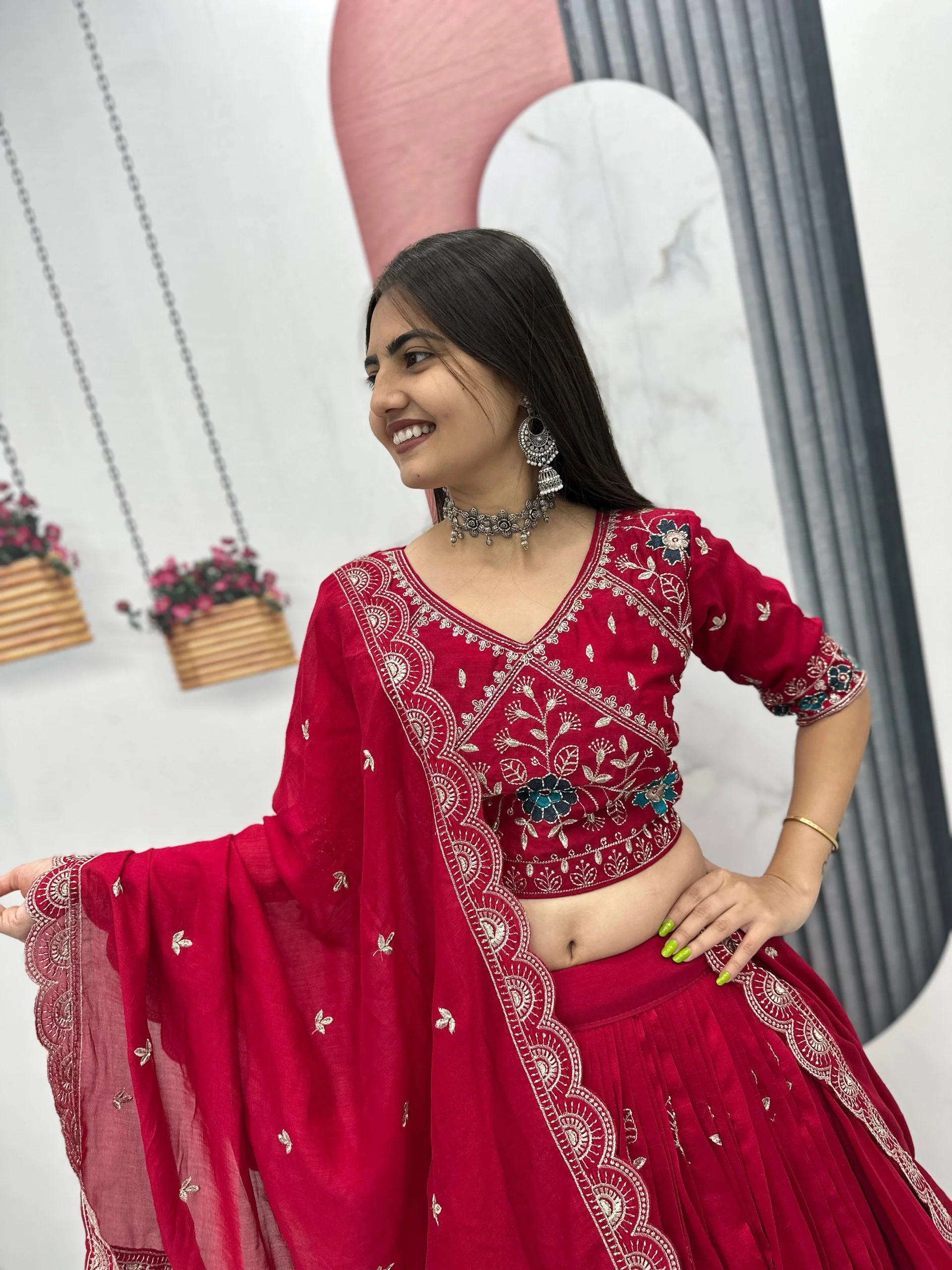 Heavy Embroidered Pure Blooming Vichitra Silk Lehenga Choli Set - Image 11