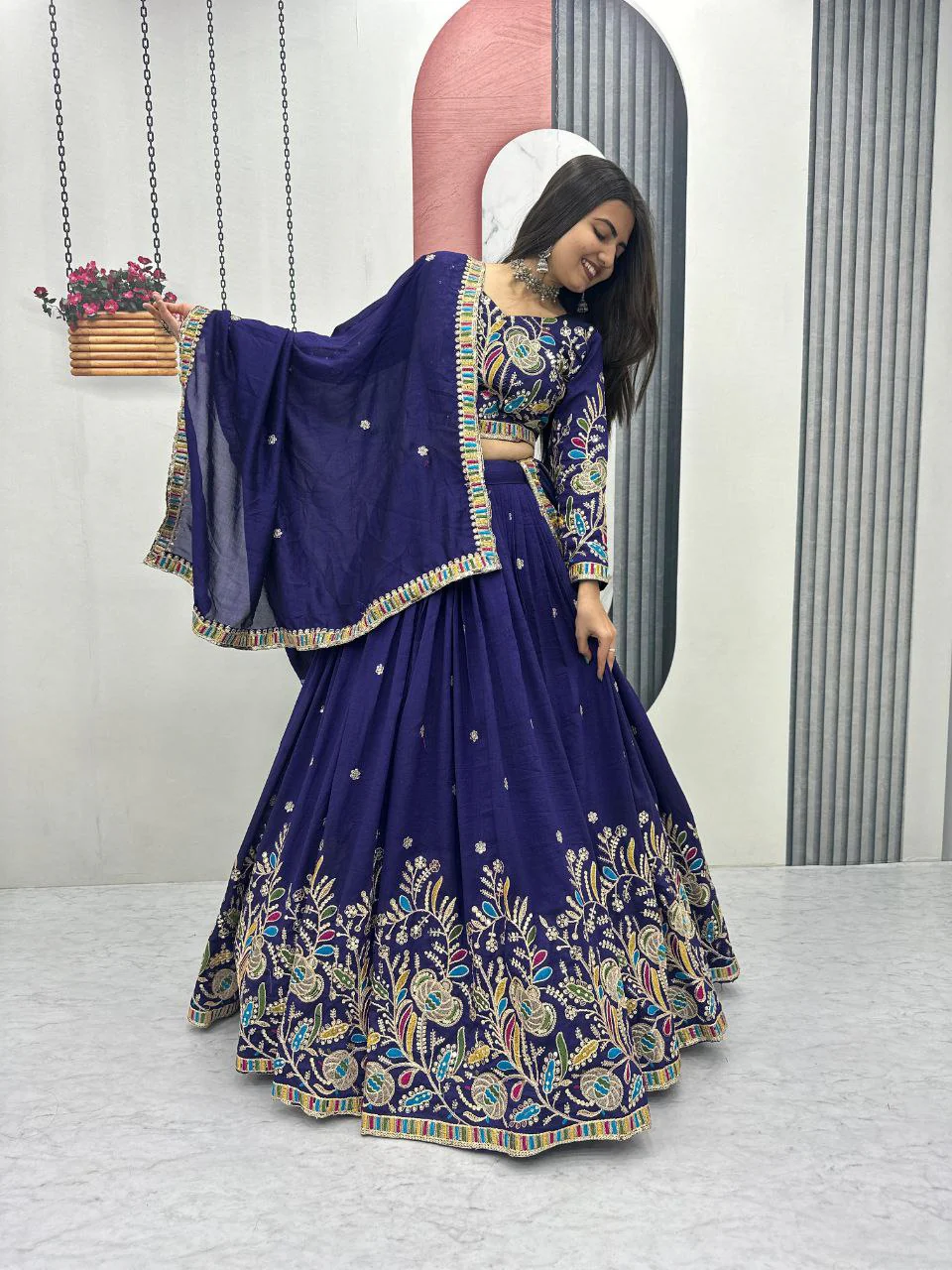 Heavy Embroidery Pure Vichitra Silk Festival Lehenga Choli - Image 3