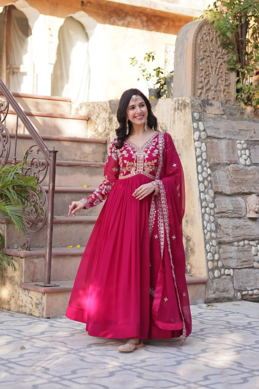 Heavy Faux Blooming with Premium Embroidery Zari Sequins work Gown - Image 19