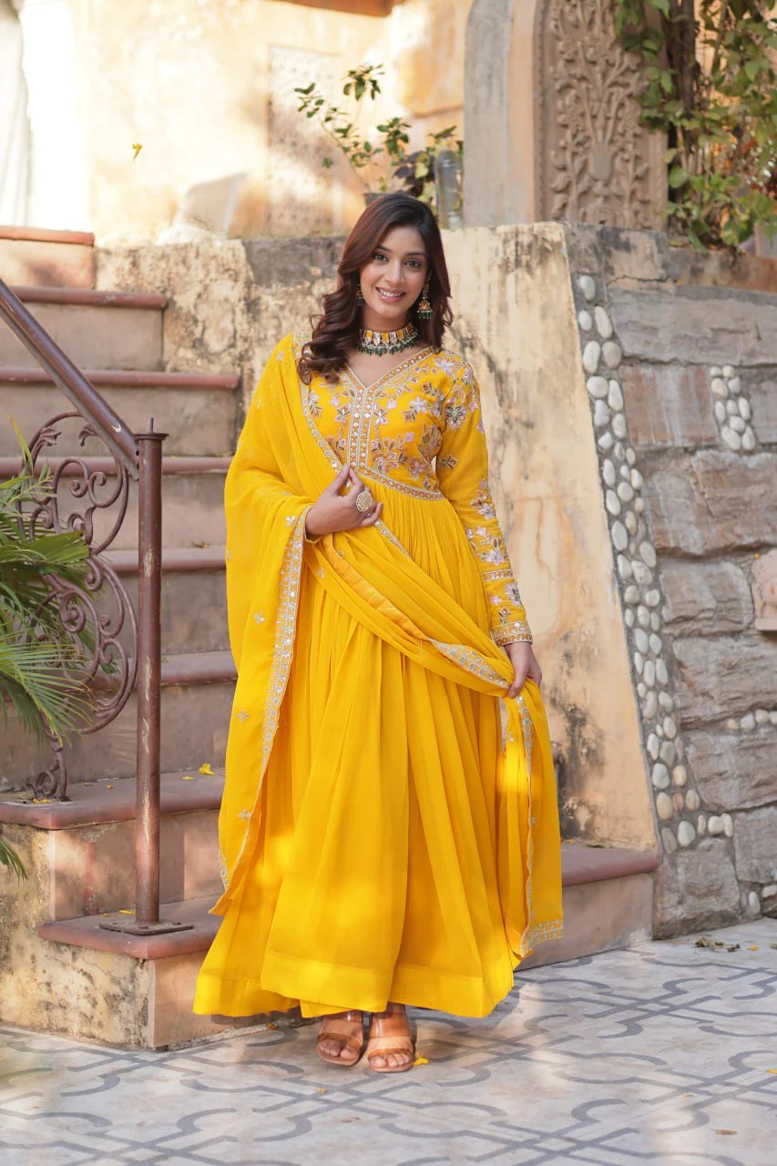 Heavy Faux Blooming with Premium Embroidery Zari Sequins work Gown - Image 7