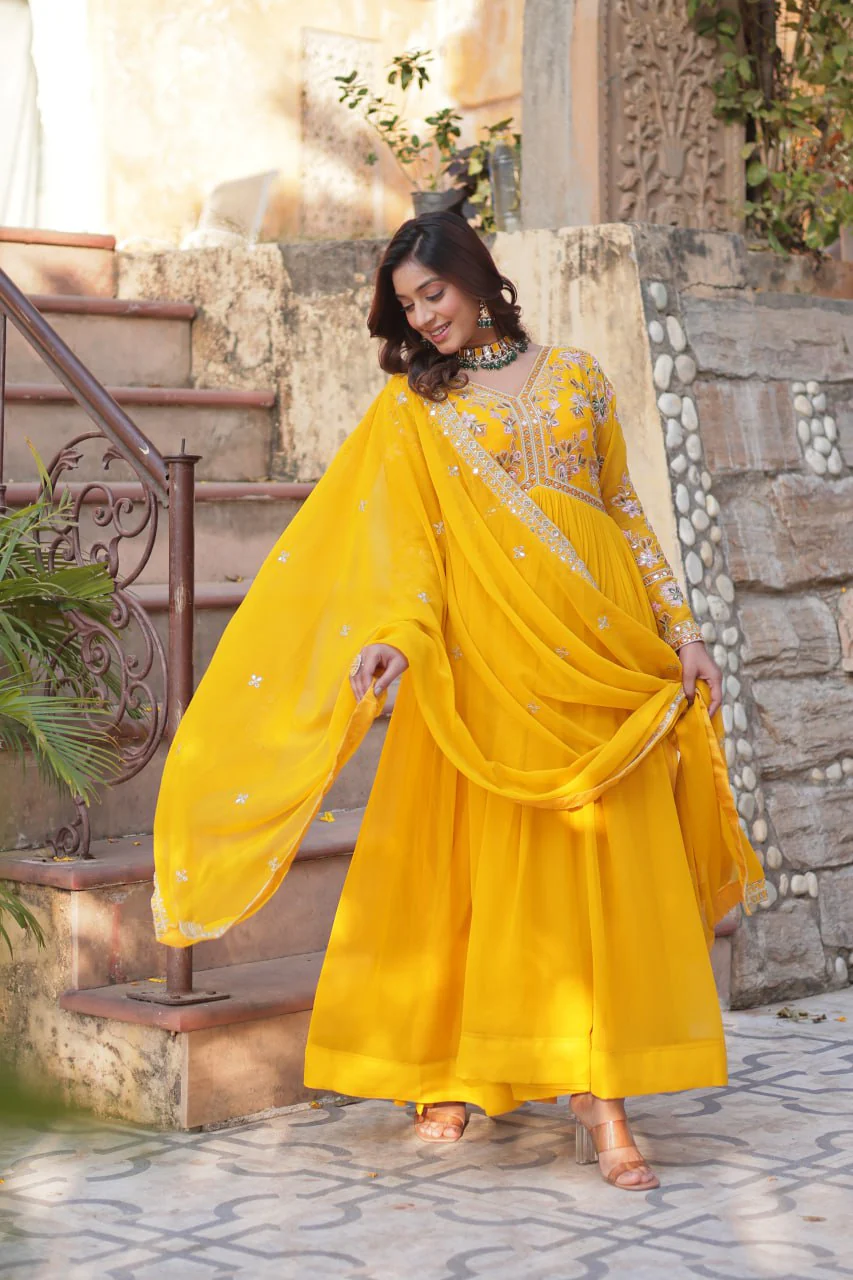 Heavy Faux Blooming with Premium Embroidery Zari Sequins work Gown - Image 9