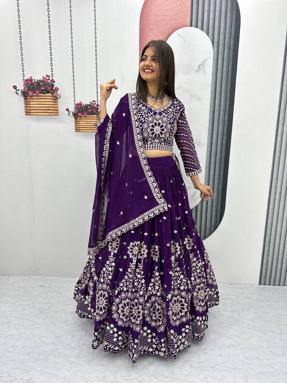 Heavy Sequence & Thread Work Rani Pink Georgette Ready to Wear Lehenga Choli Set - Image 11
