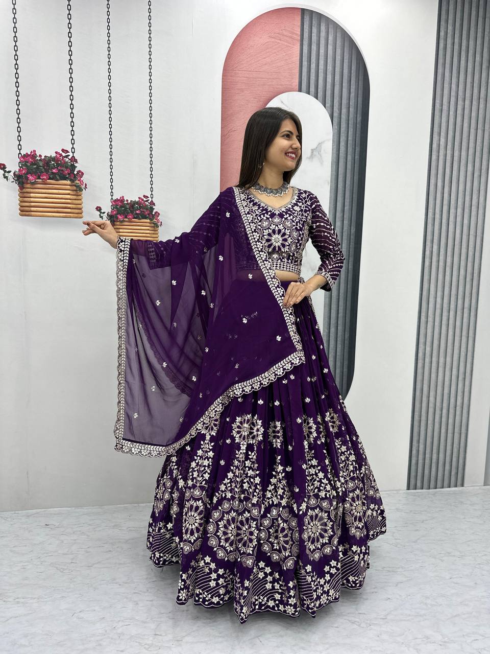 Heavy Sequence & Thread Work Rani Pink Georgette Ready to Wear Lehenga Choli Set - Image 12