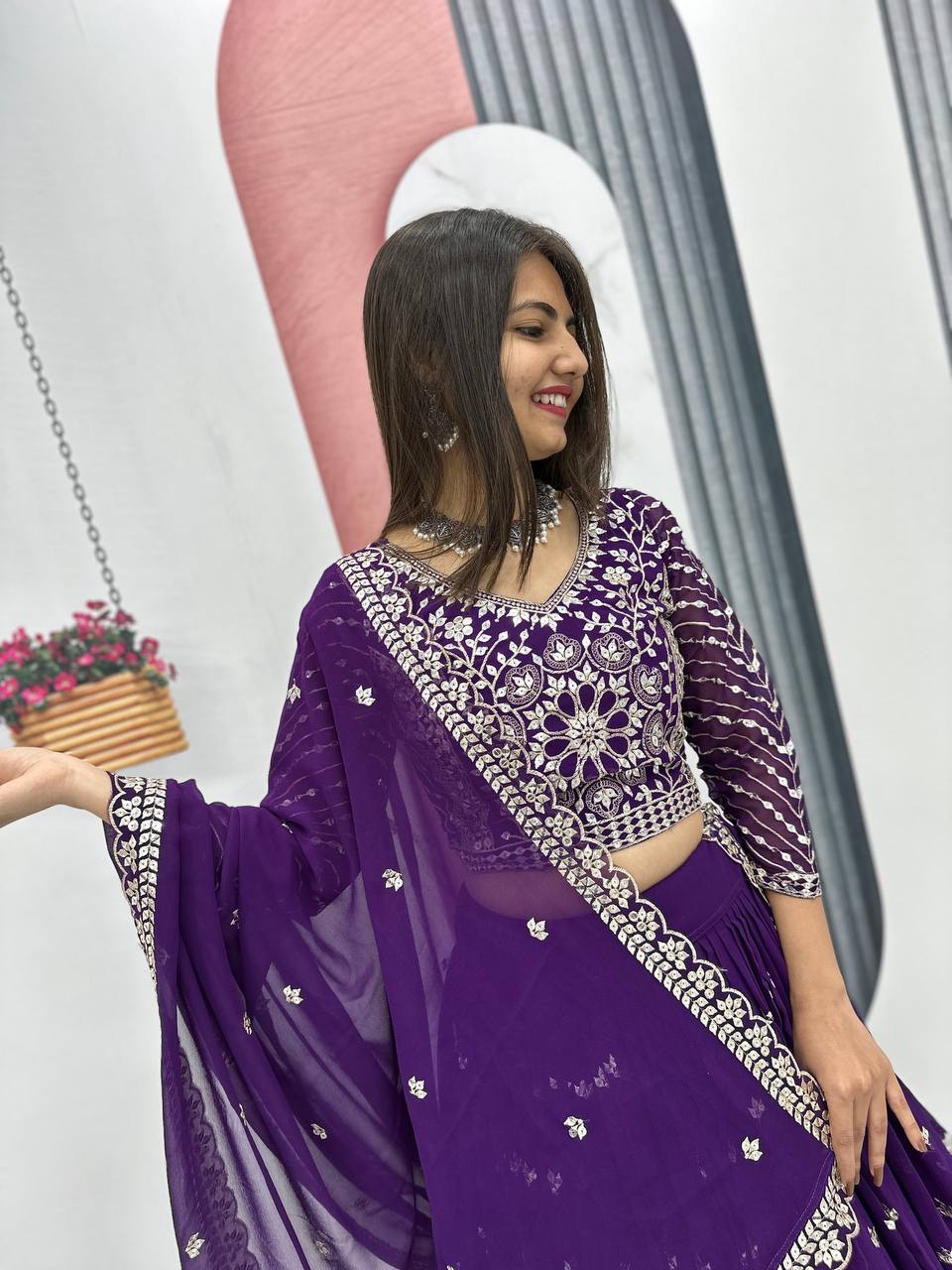 Heavy Sequence & Thread Work Rani Pink Georgette Ready to Wear Lehenga Choli Set - Image 13
