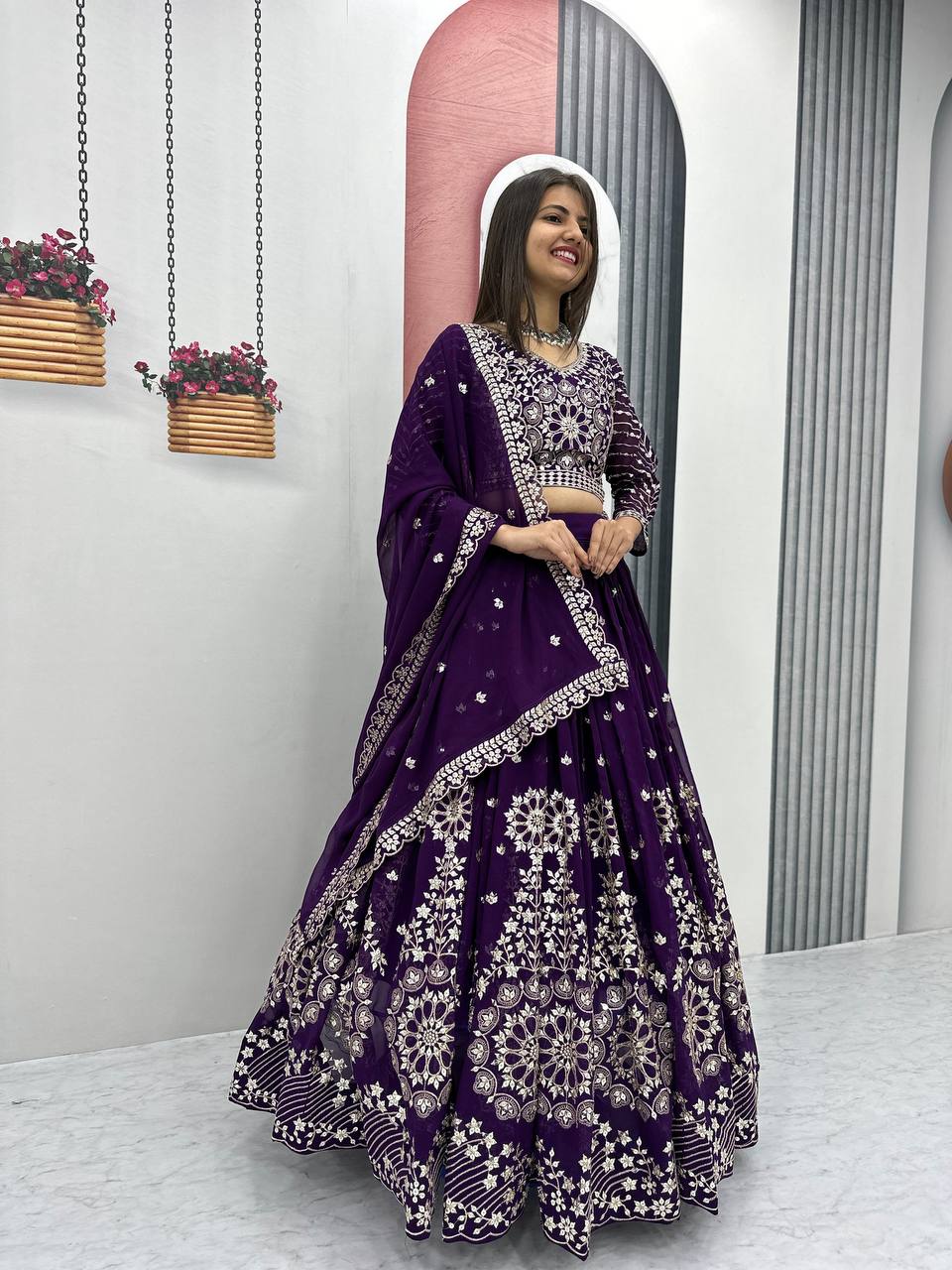 Heavy Sequence & Thread Work Rani Pink Georgette Ready to Wear Lehenga Choli Set - Image 14