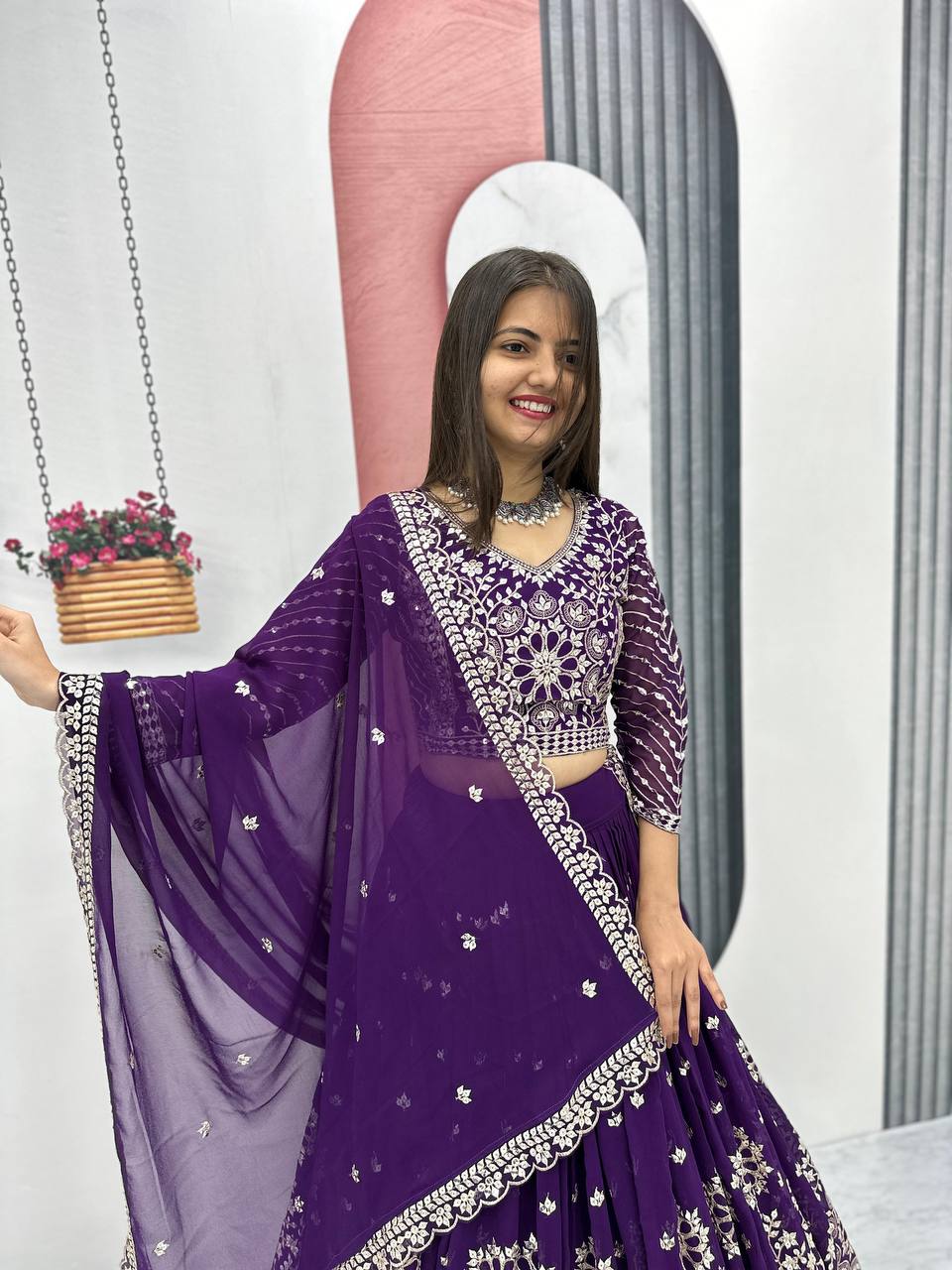 Heavy Sequence & Thread Work Rani Pink Georgette Ready to Wear Lehenga Choli Set - Image 15