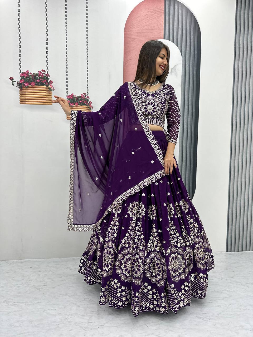 Heavy Sequence & Thread Work Rani Pink Georgette Ready to Wear Lehenga Choli Set - Image 16