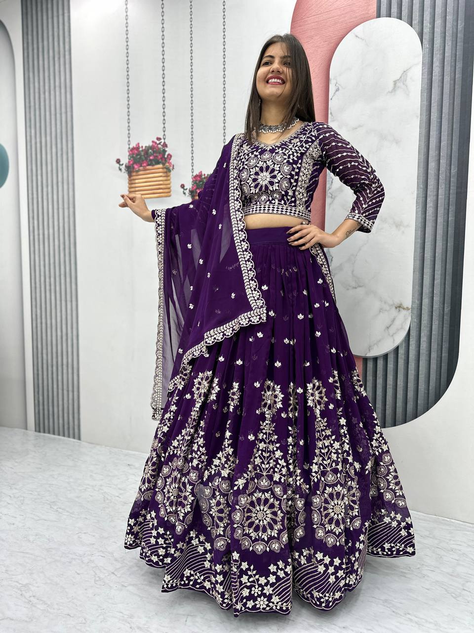 Heavy Sequence & Thread Work Rani Pink Georgette Ready to Wear Lehenga Choli Set - Image 17