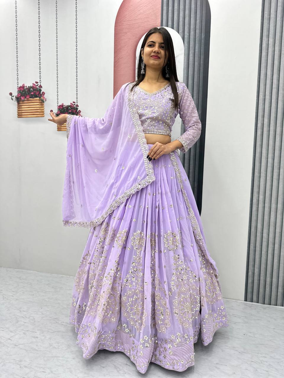 Heavy Sequence & Thread Work Rani Pink Georgette Ready to Wear Lehenga Choli Set - Image 18