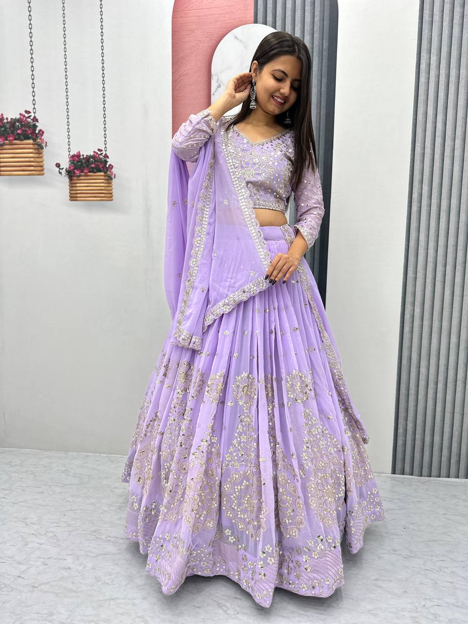 Heavy Sequence & Thread Work Rani Pink Georgette Ready to Wear Lehenga Choli Set - Image 19