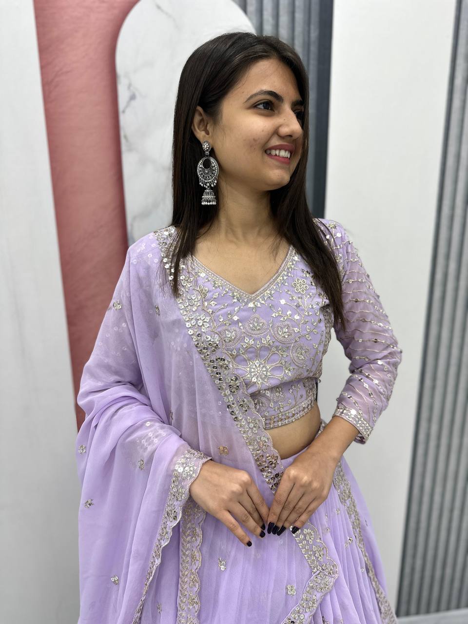 Heavy Sequence & Thread Work Rani Pink Georgette Ready to Wear Lehenga Choli Set - Image 21