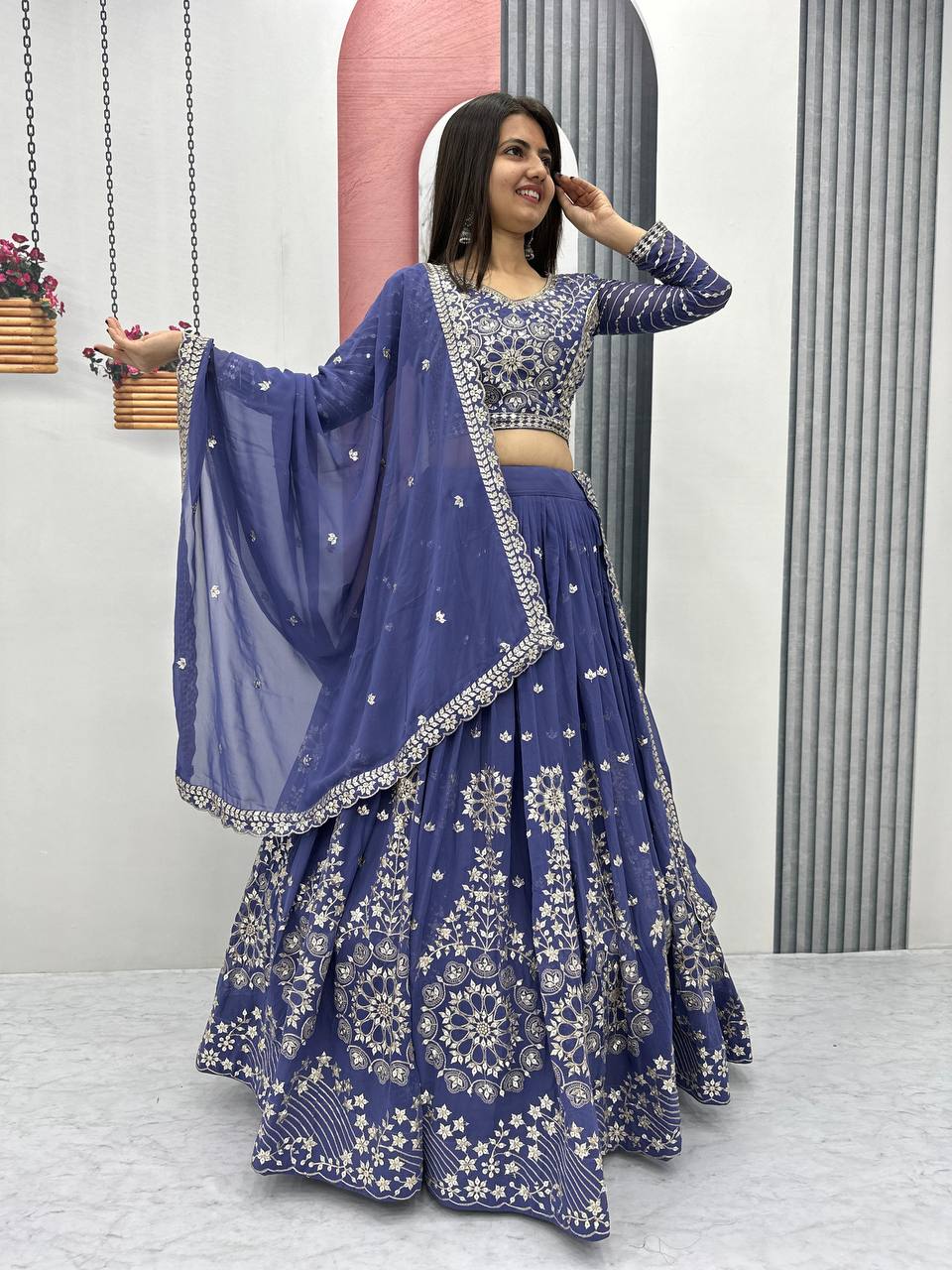 Heavy Sequence & Thread Work Rani Pink Georgette Ready to Wear Lehenga Choli Set - Image 23