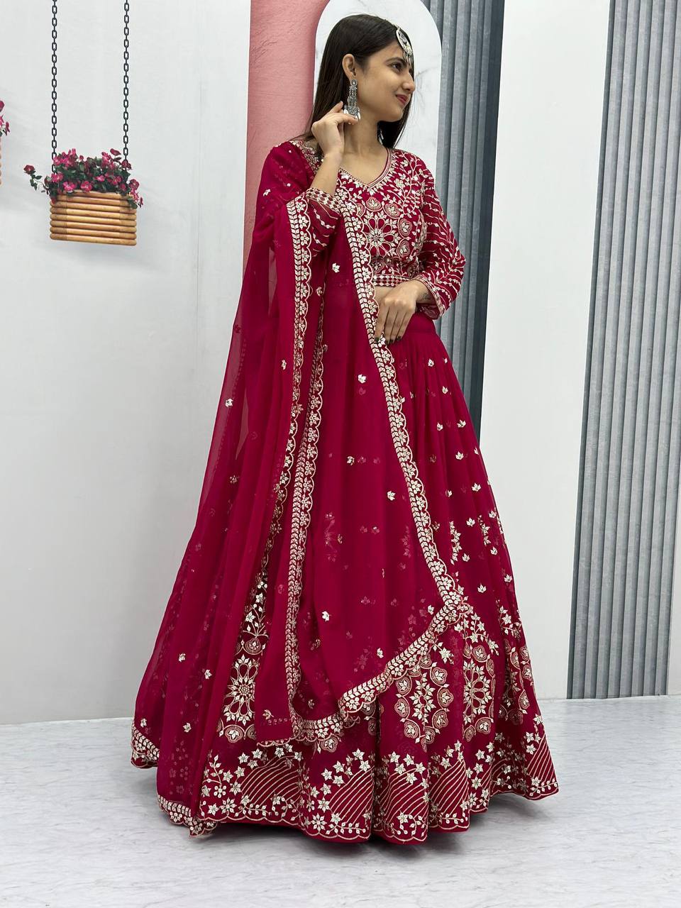 Heavy Sequence & Thread Work Rani Pink Georgette Ready to Wear Lehenga Choli Set - Image 3