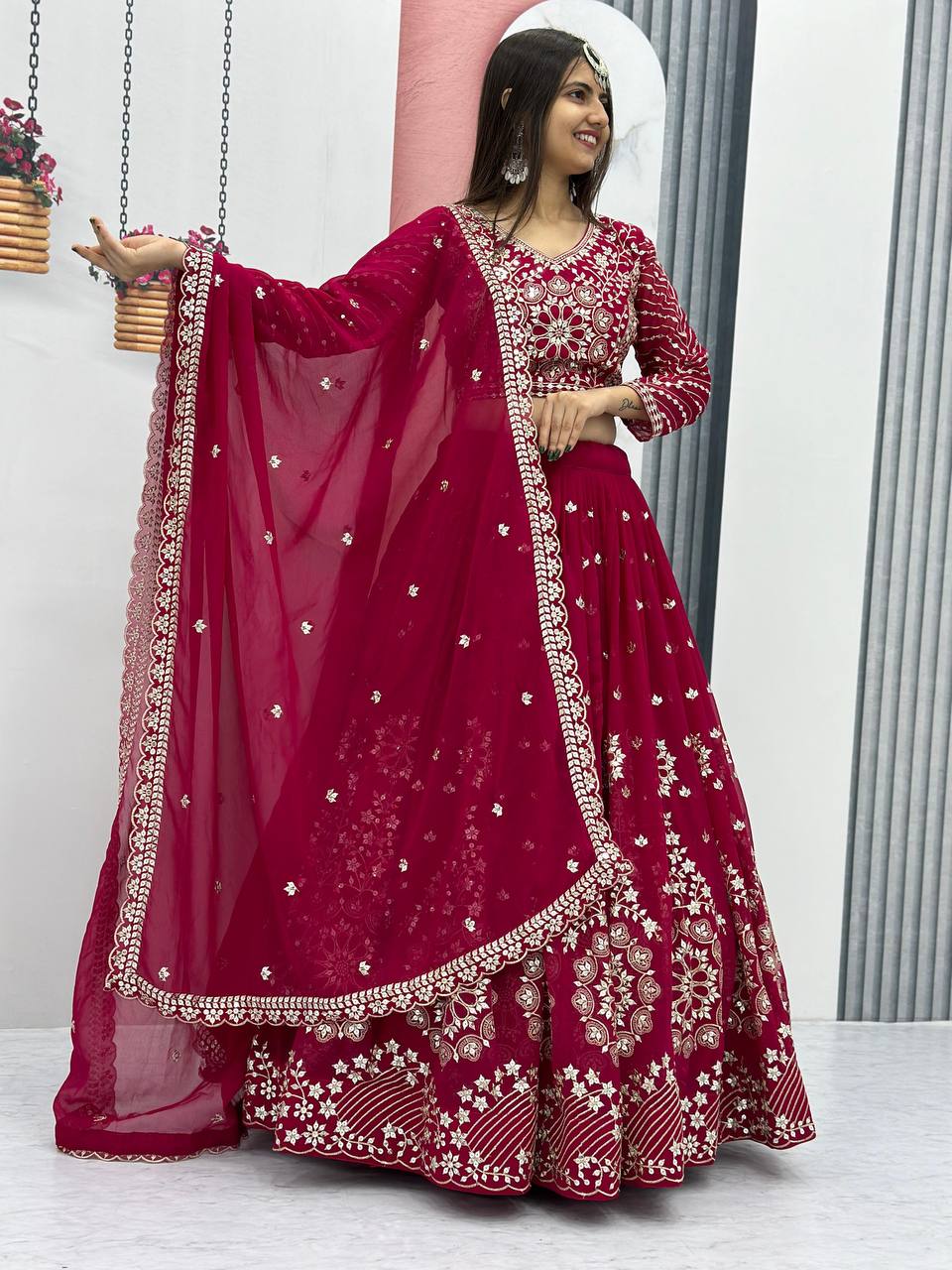 Heavy Sequence & Thread Work Rani Pink Georgette Ready to Wear Lehenga Choli Set - Image 4
