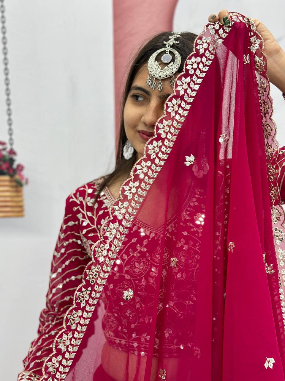 Heavy Sequence & Thread Work Rani Pink Georgette Ready to Wear Lehenga Choli Set - Image 5