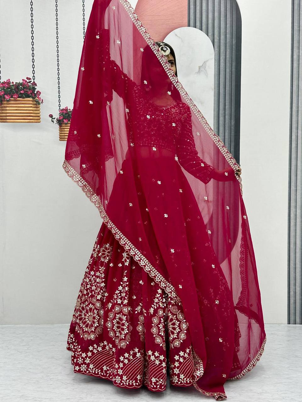 Heavy Sequence & Thread Work Rani Pink Georgette Ready to Wear Lehenga Choli Set - Image 6