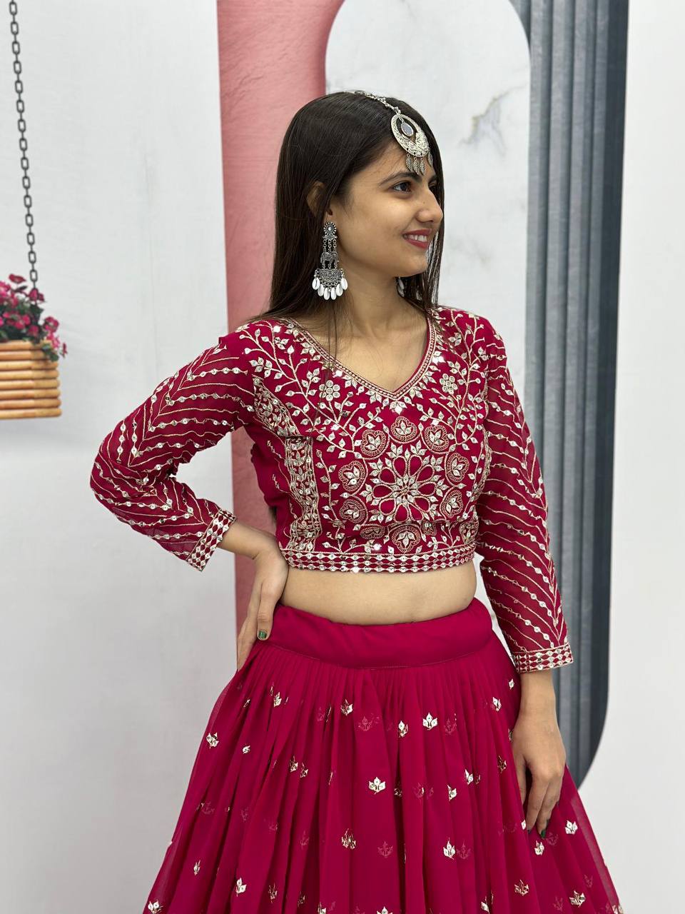 Heavy Sequence & Thread Work Rani Pink Georgette Ready to Wear Lehenga Choli Set - Image 7