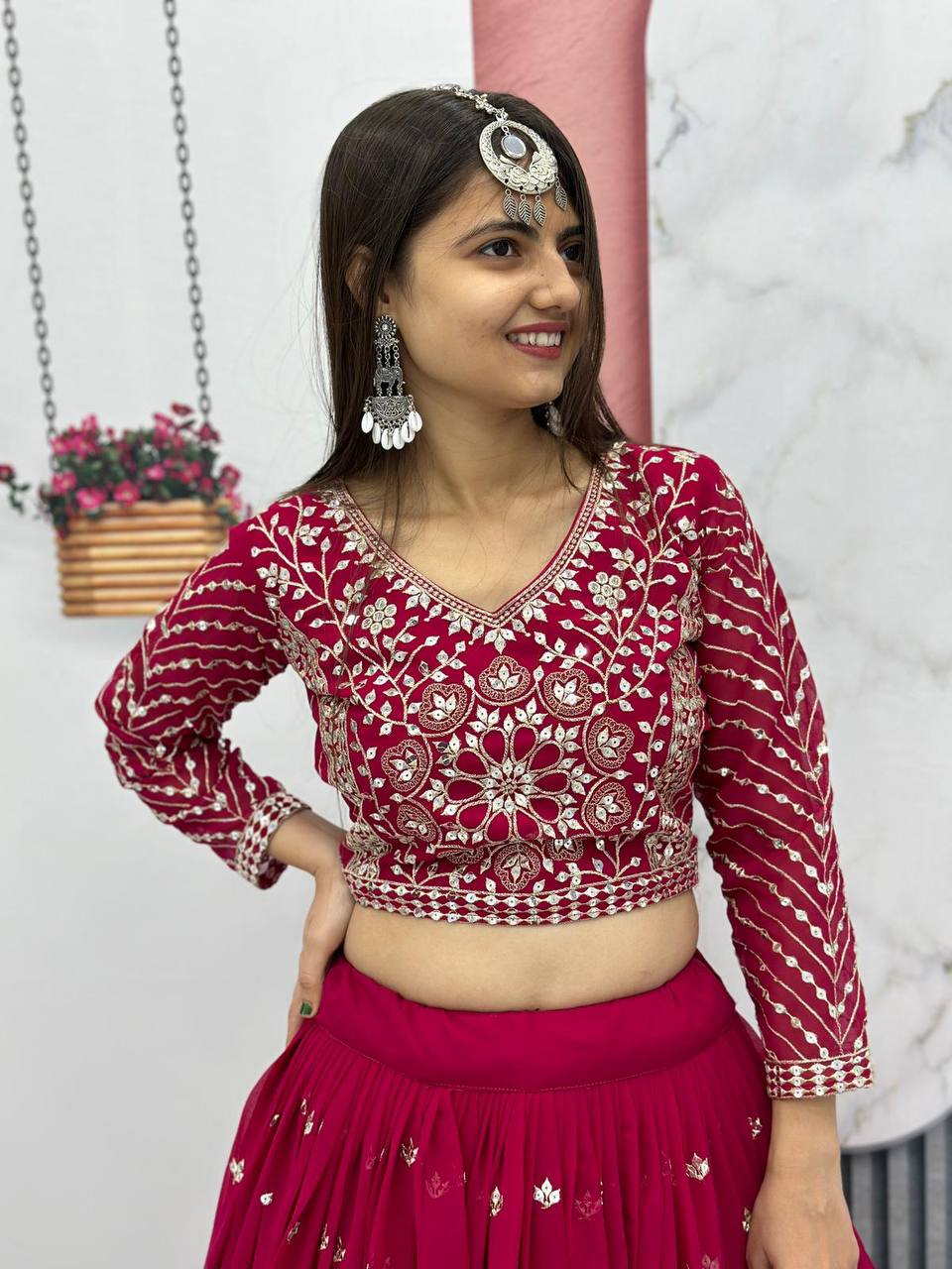 Heavy Sequence & Thread Work Rani Pink Georgette Ready to Wear Lehenga Choli Set - Image 8