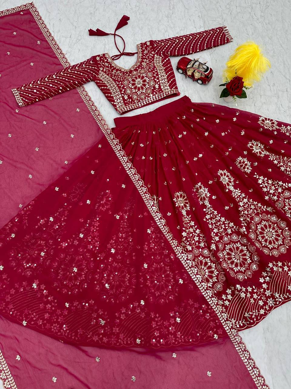 Heavy Sequence & Thread Work Rani Pink Georgette Ready to Wear Lehenga Choli Set - Image 9