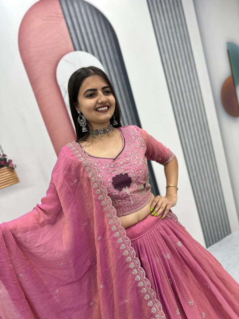 Heavy Thread Embroidery Moss Shimmer Fabric Lehenga Choli with Dupatta - Image 10