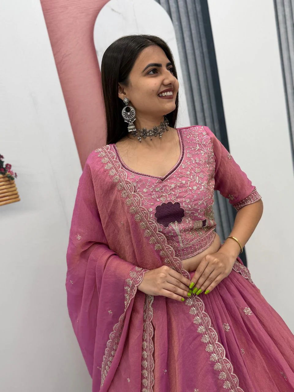 Heavy Thread Embroidery Moss Shimmer Fabric Lehenga Choli with Dupatta - Image 11