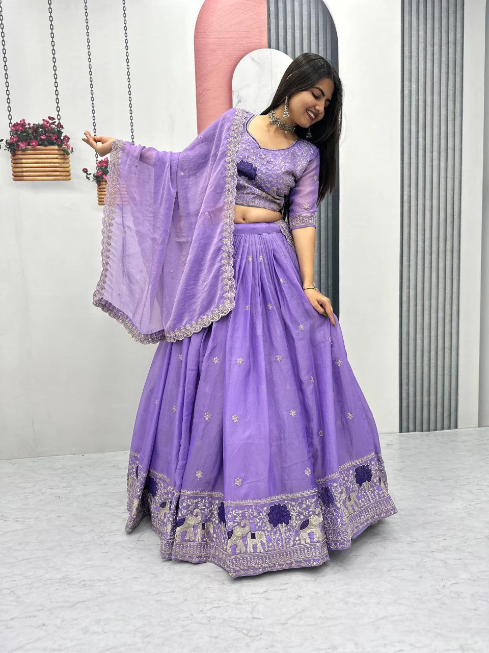 Heavy Thread Embroidery Moss Shimmer Fabric Lehenga Choli with Dupatta - Image 2