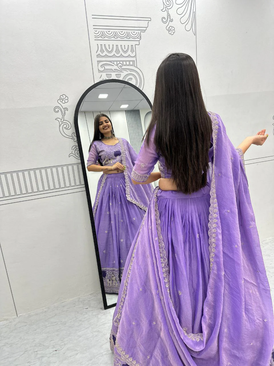 Heavy Thread Embroidery Moss Shimmer Fabric Lehenga Choli with Dupatta - Image 4