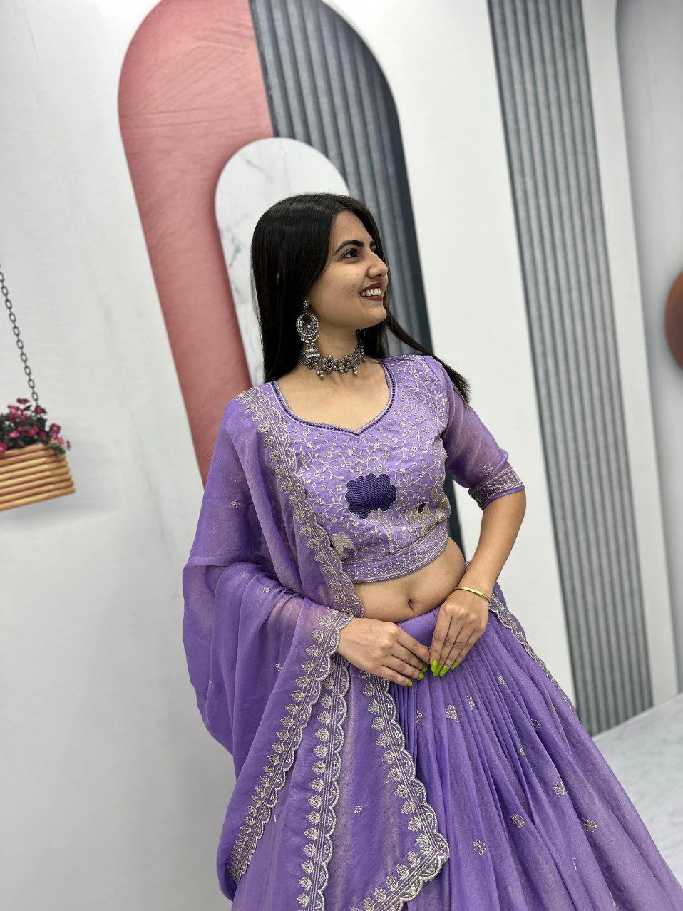 Heavy Thread Embroidery Moss Shimmer Fabric Lehenga Choli with Dupatta - Image 5