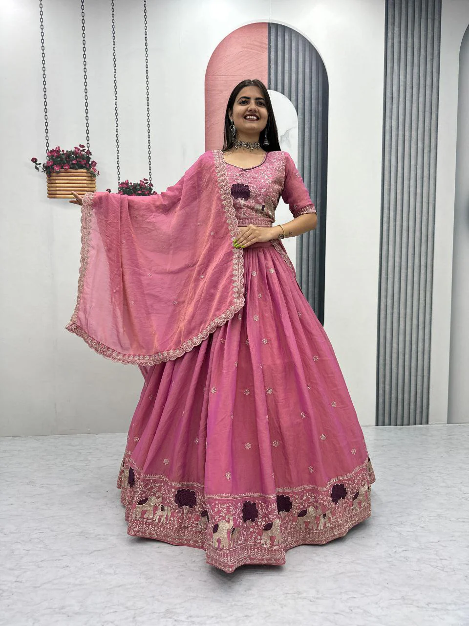Heavy Thread Embroidery Moss Shimmer Fabric Lehenga Choli with Dupatta - Image 7