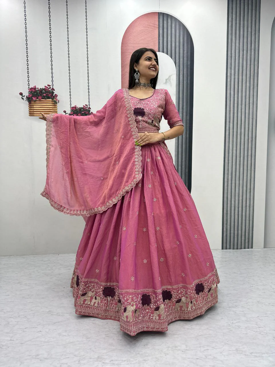 Heavy Thread Embroidery Moss Shimmer Fabric Lehenga Choli with Dupatta - Image 9