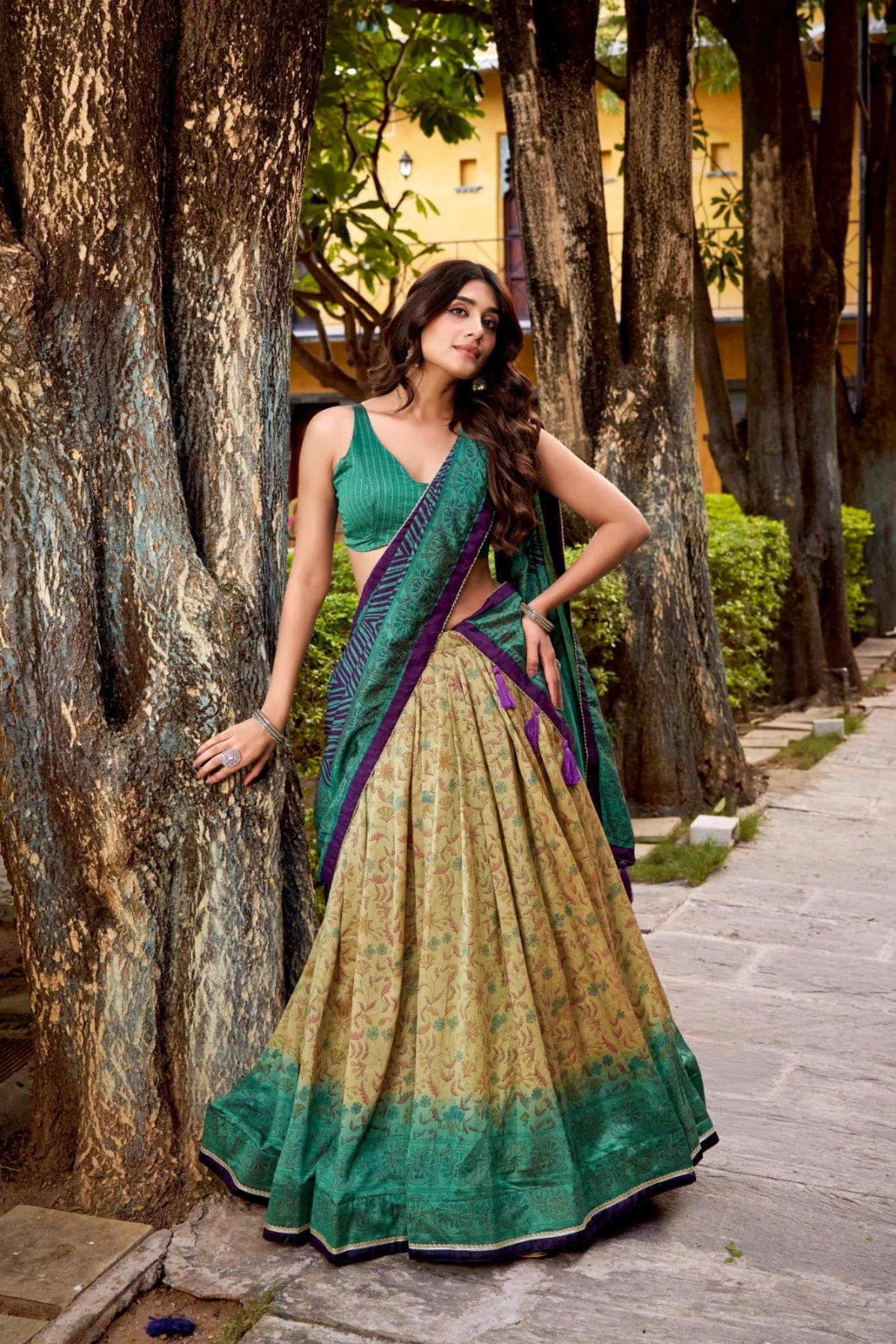 Heritage Inspired Vichitra Silk Printed Luxury Lehenga Set With Elegant Flare - Image 4
