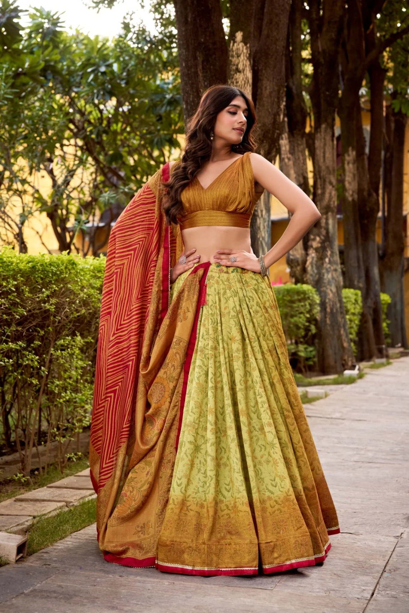 Heritage Inspired Vichitra Silk Printed Luxury Lehenga Set With Elegant Flare - Image 7