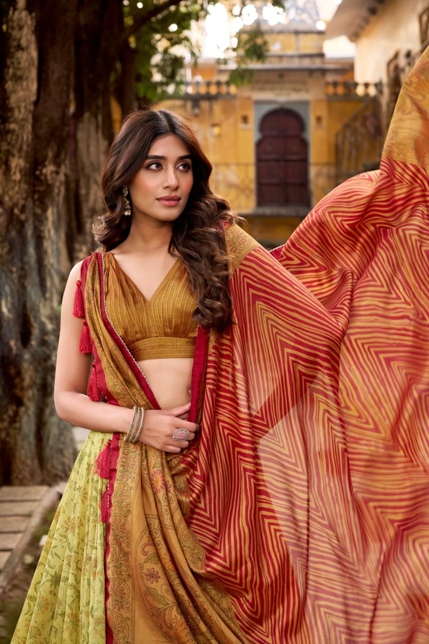 Heritage Inspired Vichitra Silk Printed Luxury Lehenga Set With Elegant Flare - Image 9