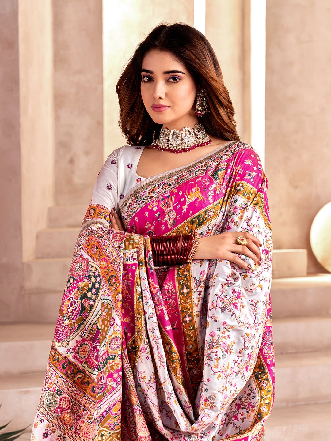 Incredible Off White Nylon Dola Pashmina Saree With Classic Blouse Piece - Image 2