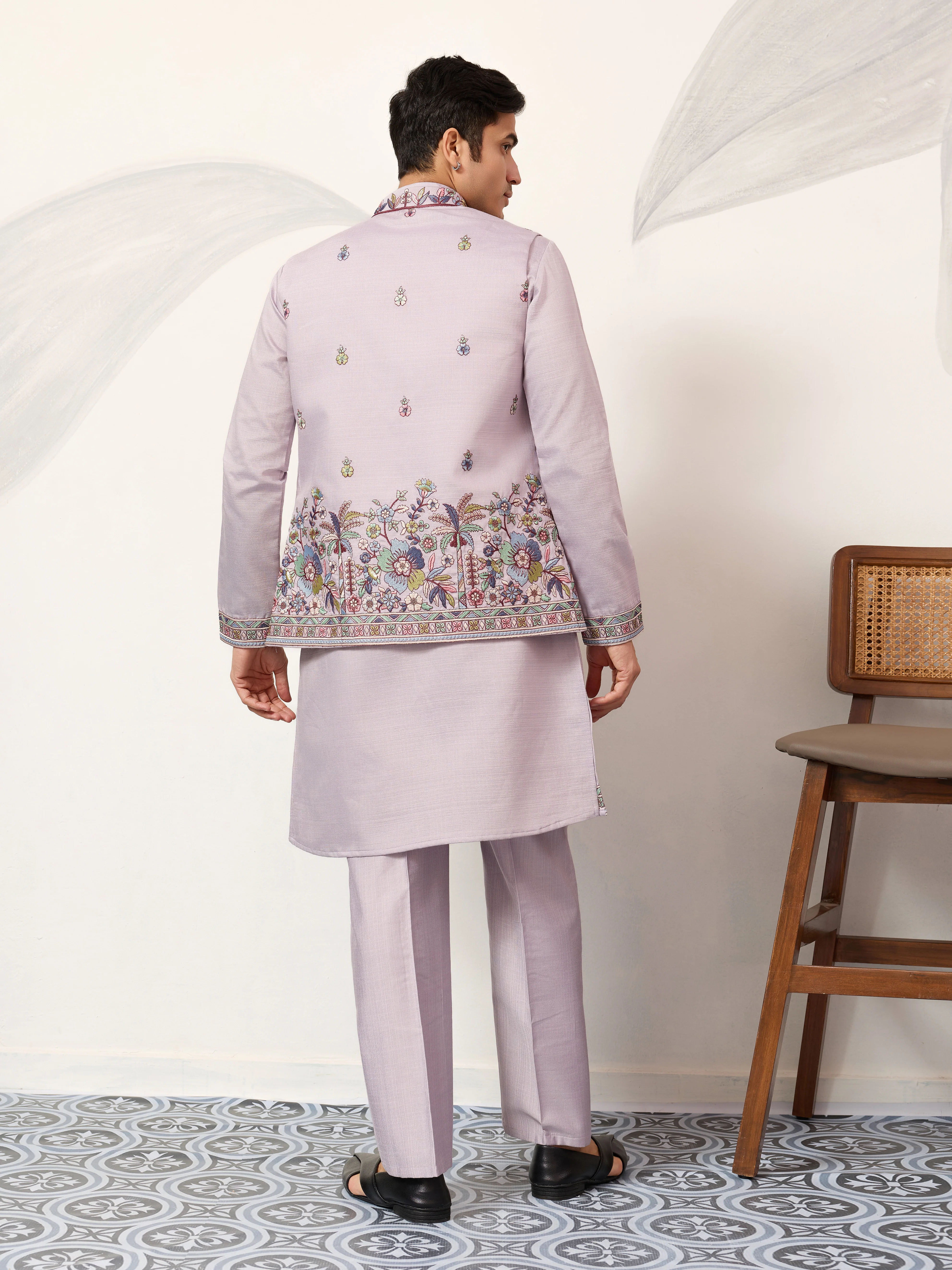 Indian Traditional Dusty Lavender Koti Kurta Pant Wedding Set - Image 5