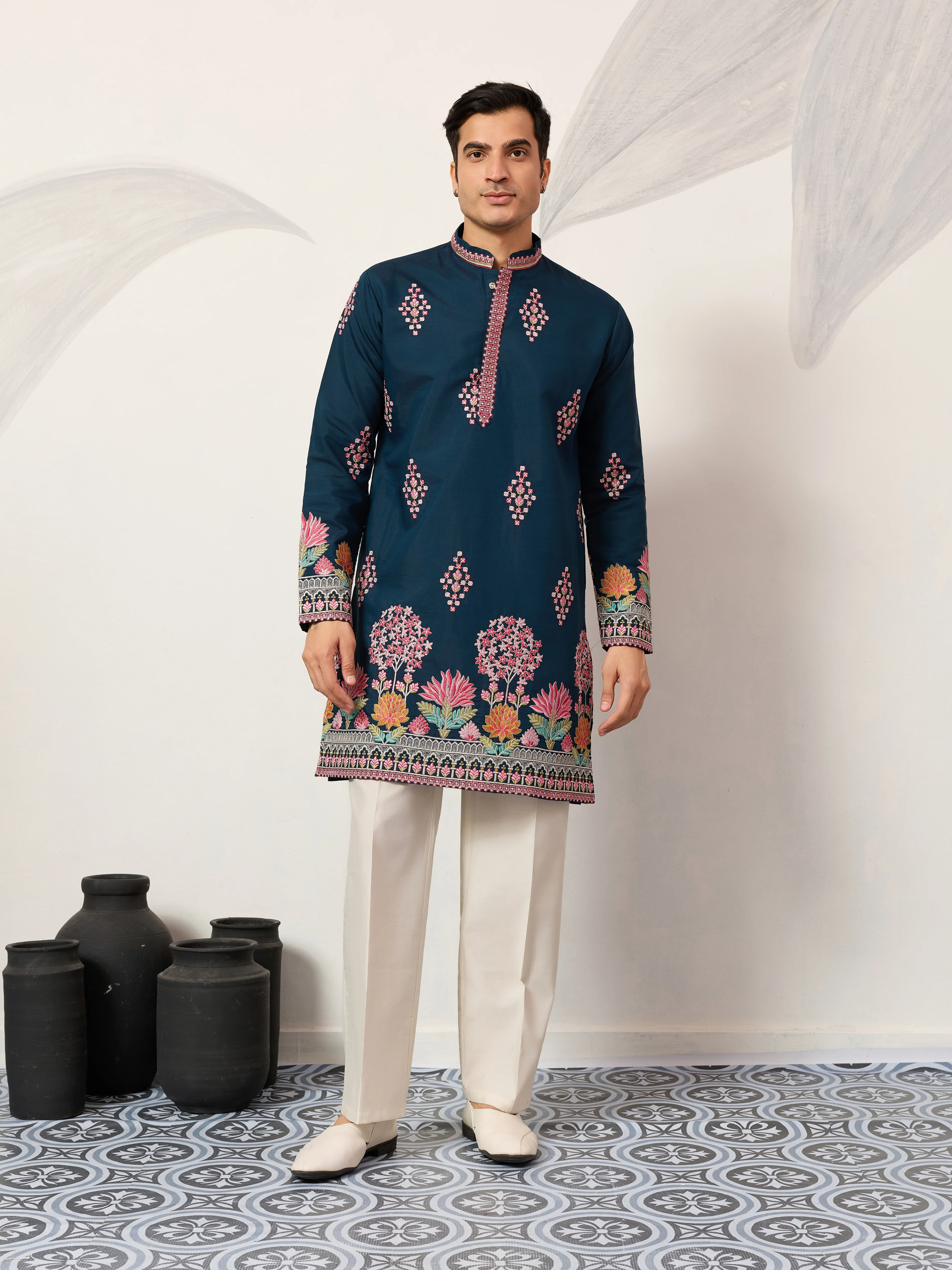Indian Wedding Style Exclusive Teal Blue Kurta for Mens - Image 6