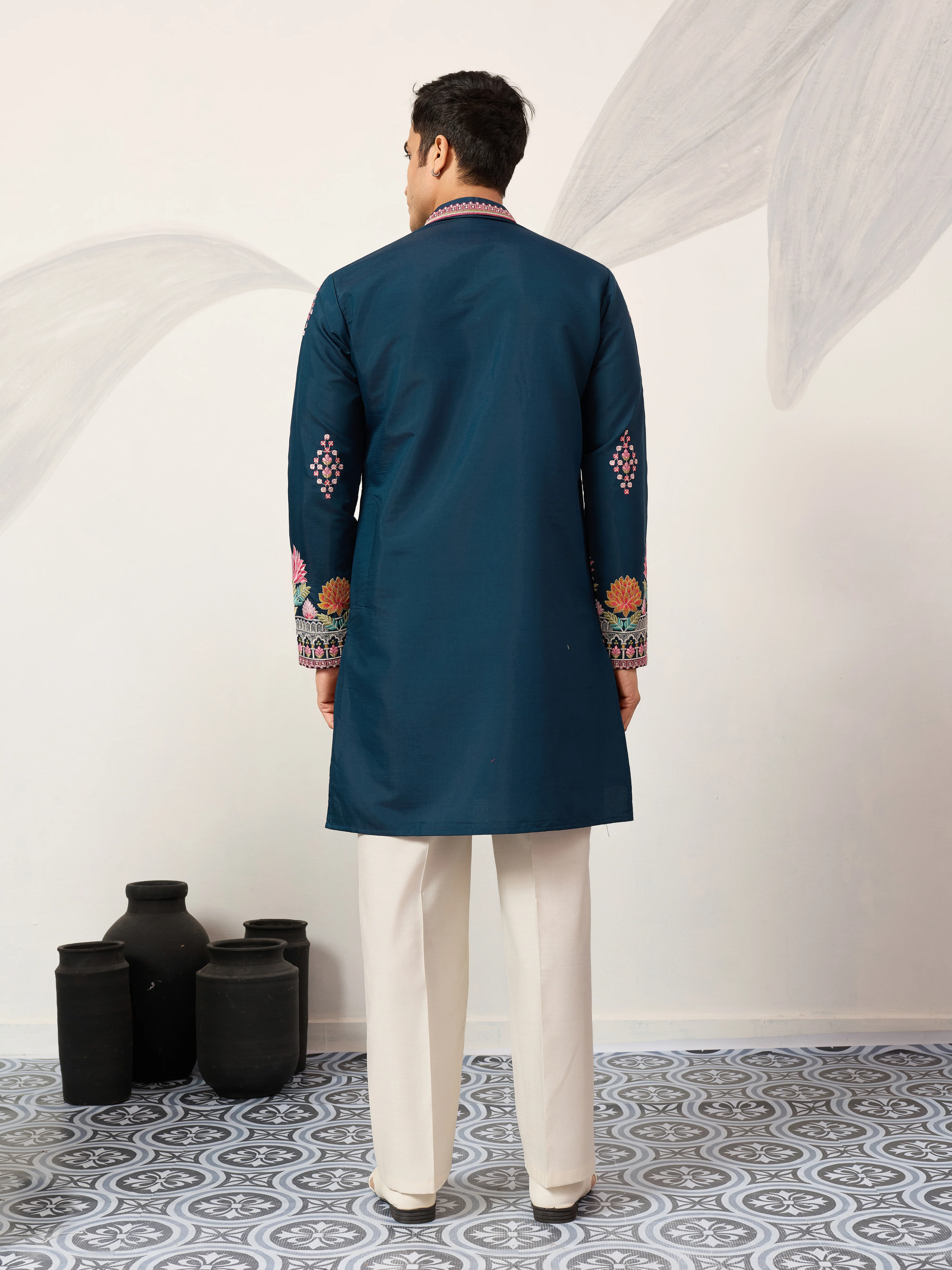 Indian Wedding Style Exclusive Teal Blue Kurta for Mens - Image 8