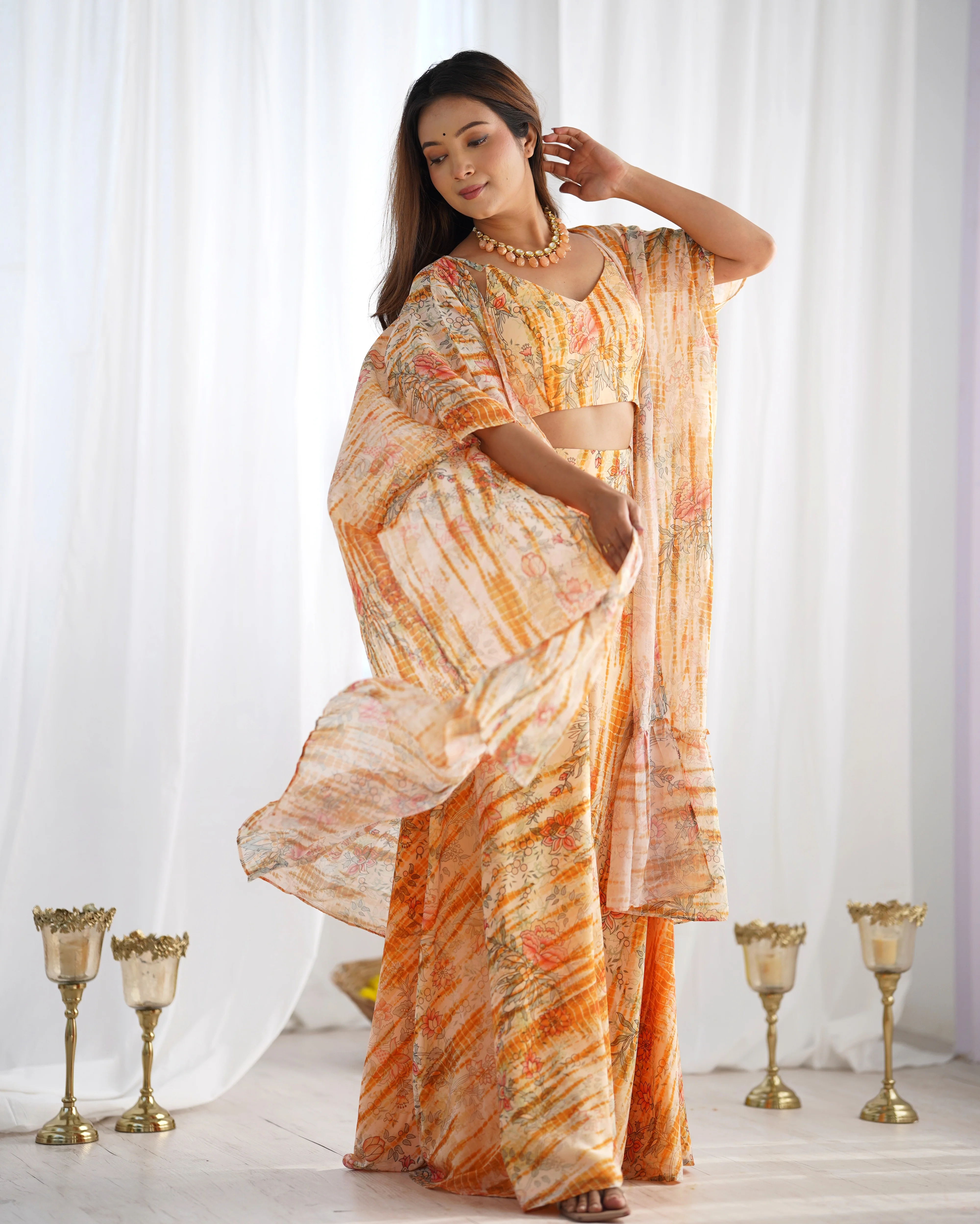 Indo Western Georgette Shrug with Crop Top & Printed Palazzo - Image 4