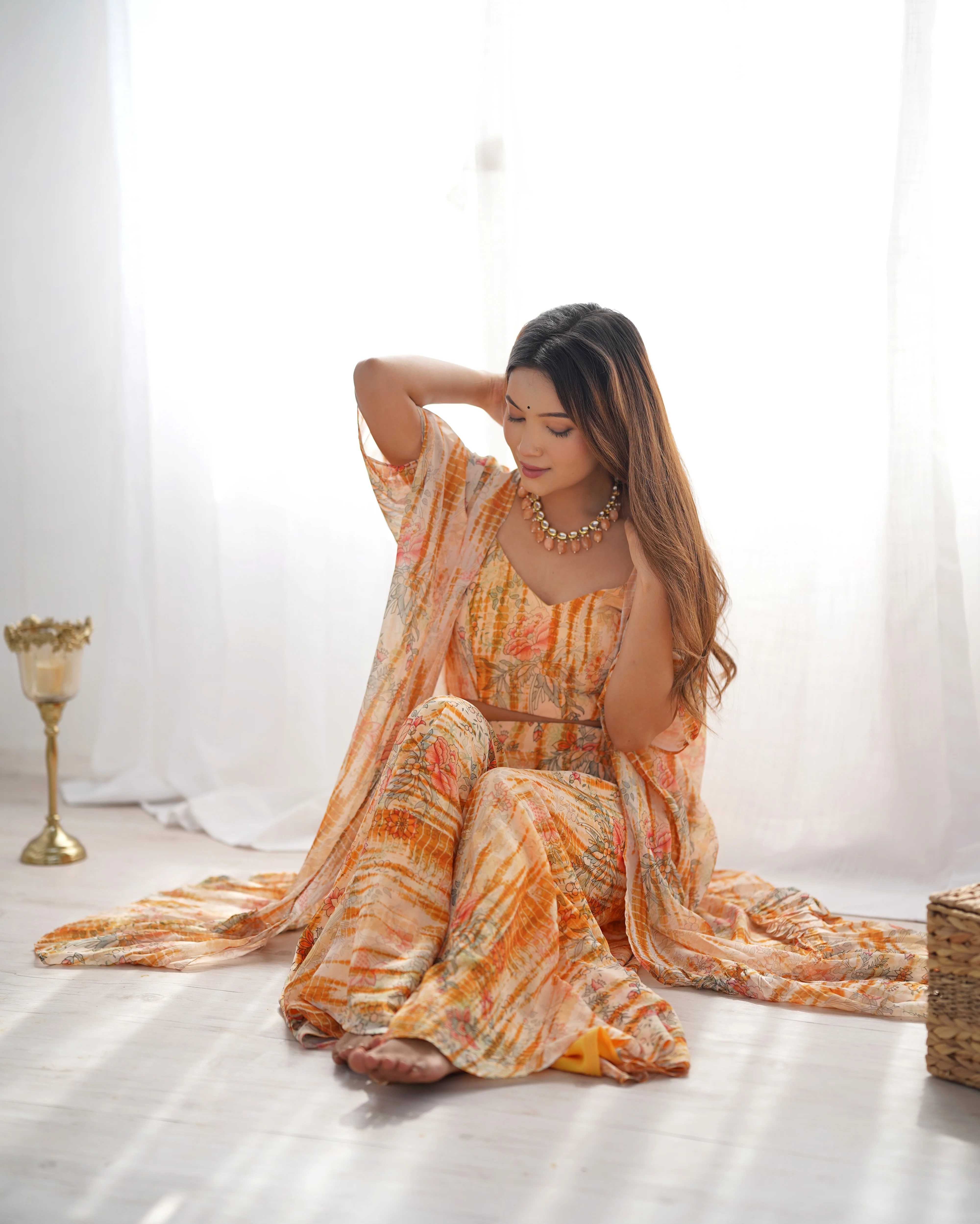 Indo Western Georgette Shrug with Crop Top & Printed Palazzo - Image 5