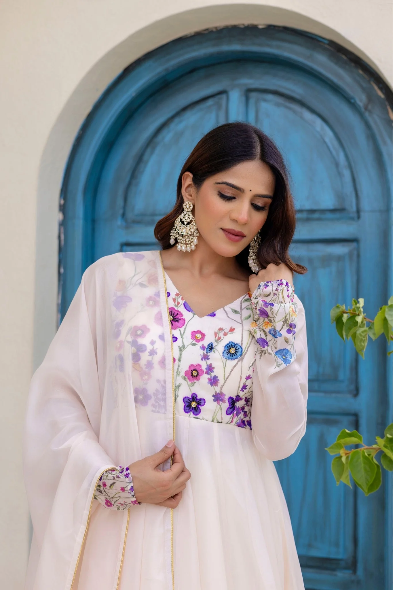 Ivory Floral Printed Organza Anarkali Set With Dupatta - Image 2