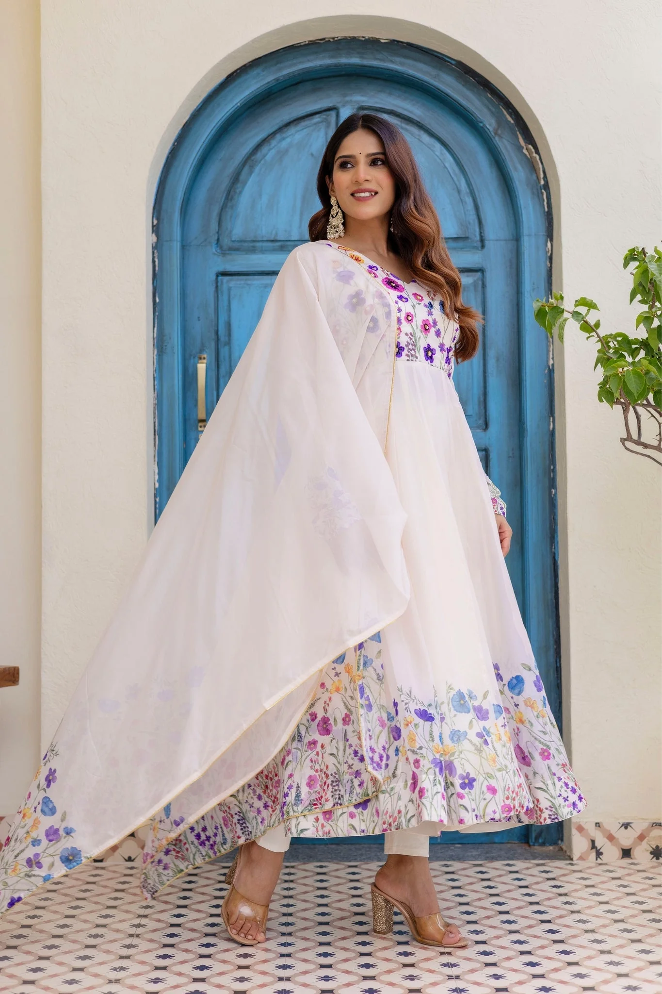 Ivory Floral Printed Organza Anarkali Set With Dupatta - Image 3