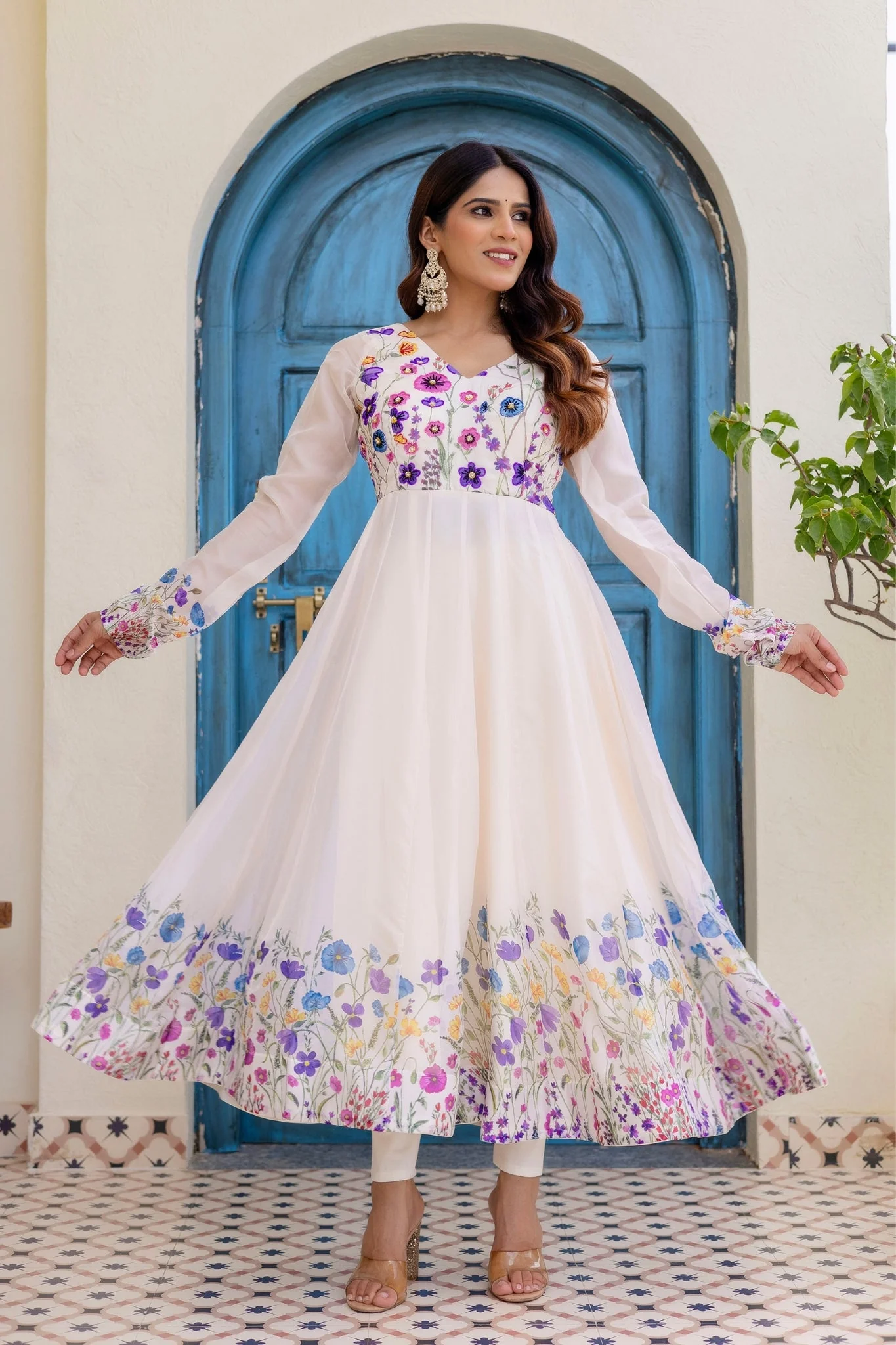 Ivory Floral Printed Organza Anarkali Set With Dupatta - Image 5