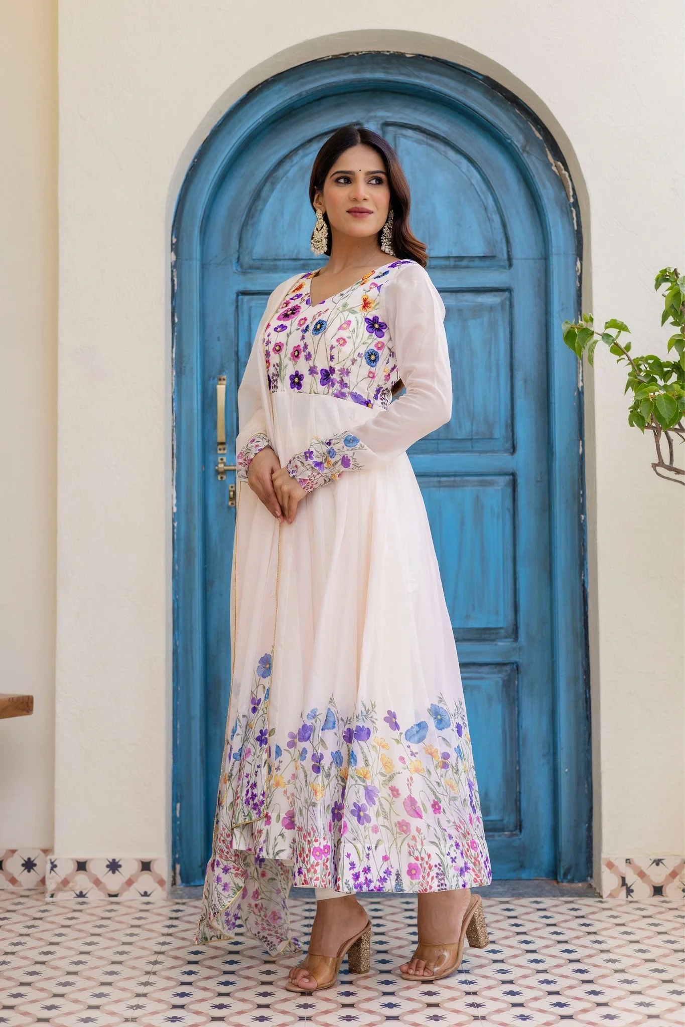 Ivory Floral Printed Organza Anarkali Set With Dupatta - Image 7