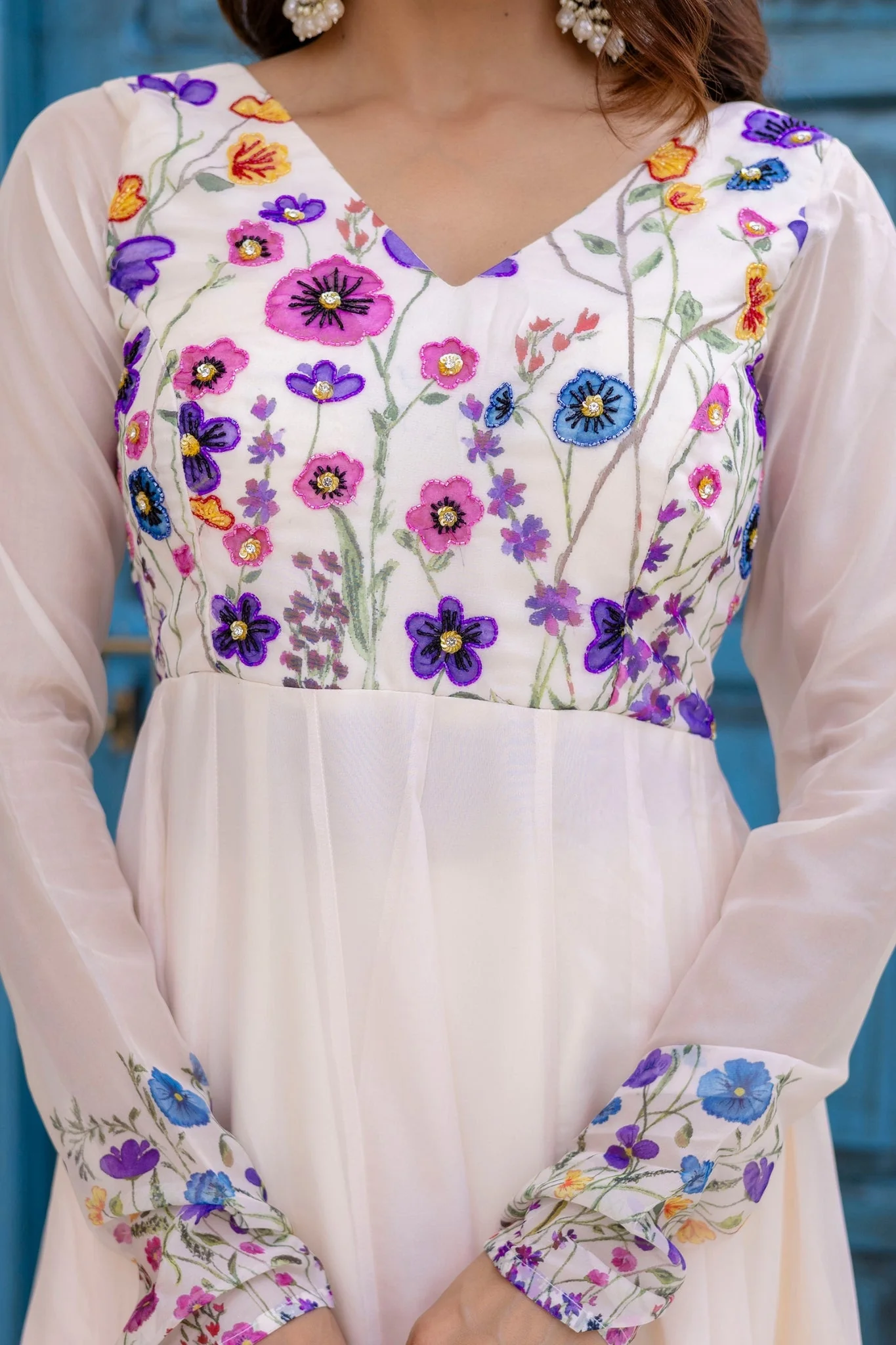 Ivory Floral Printed Organza Anarkali Set With Dupatta - Image 8