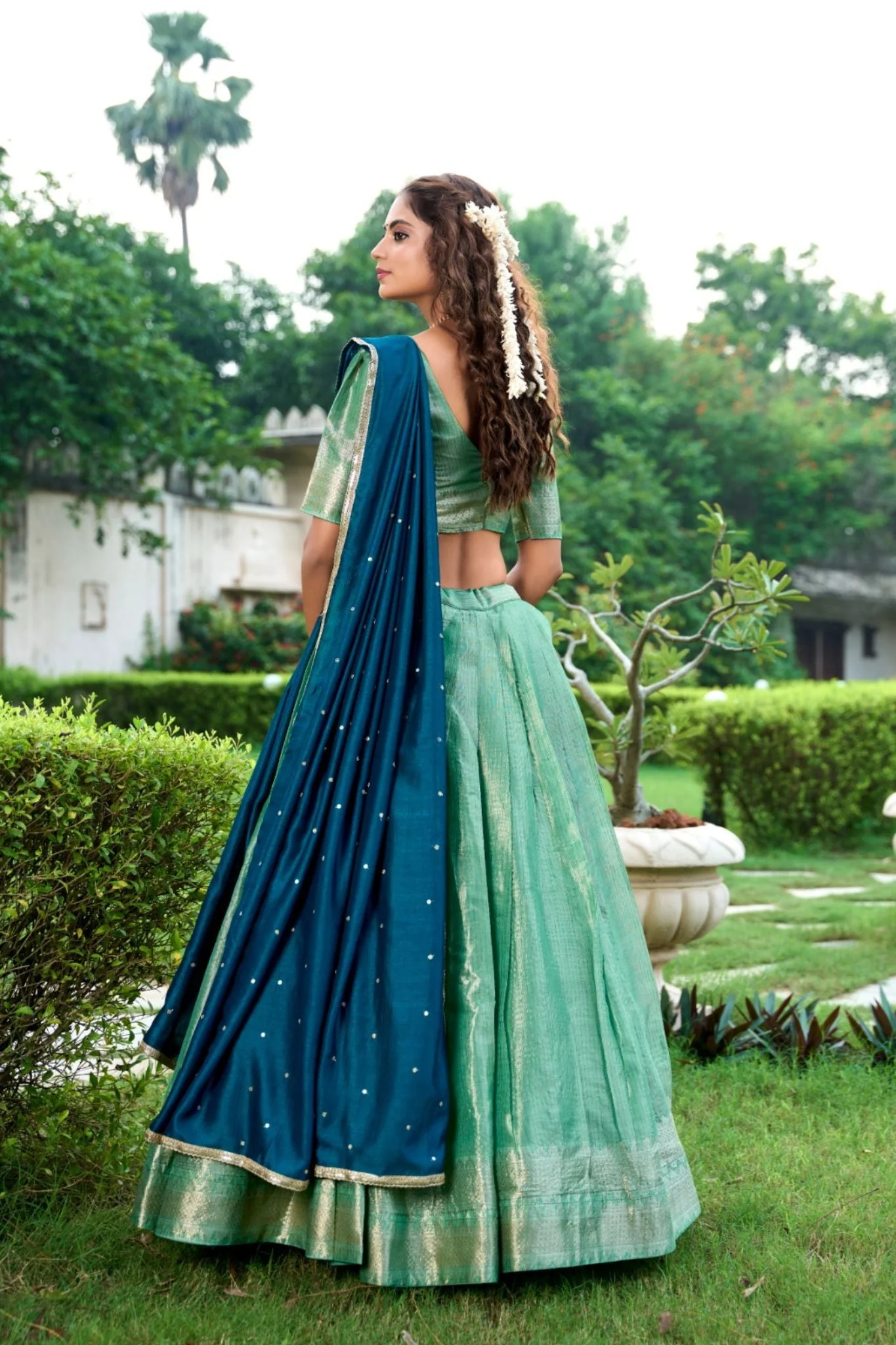 Kanchipuram Silk Lehenga Collection Green, Beige, and Pink with Contrasting Dupattas - Image 6