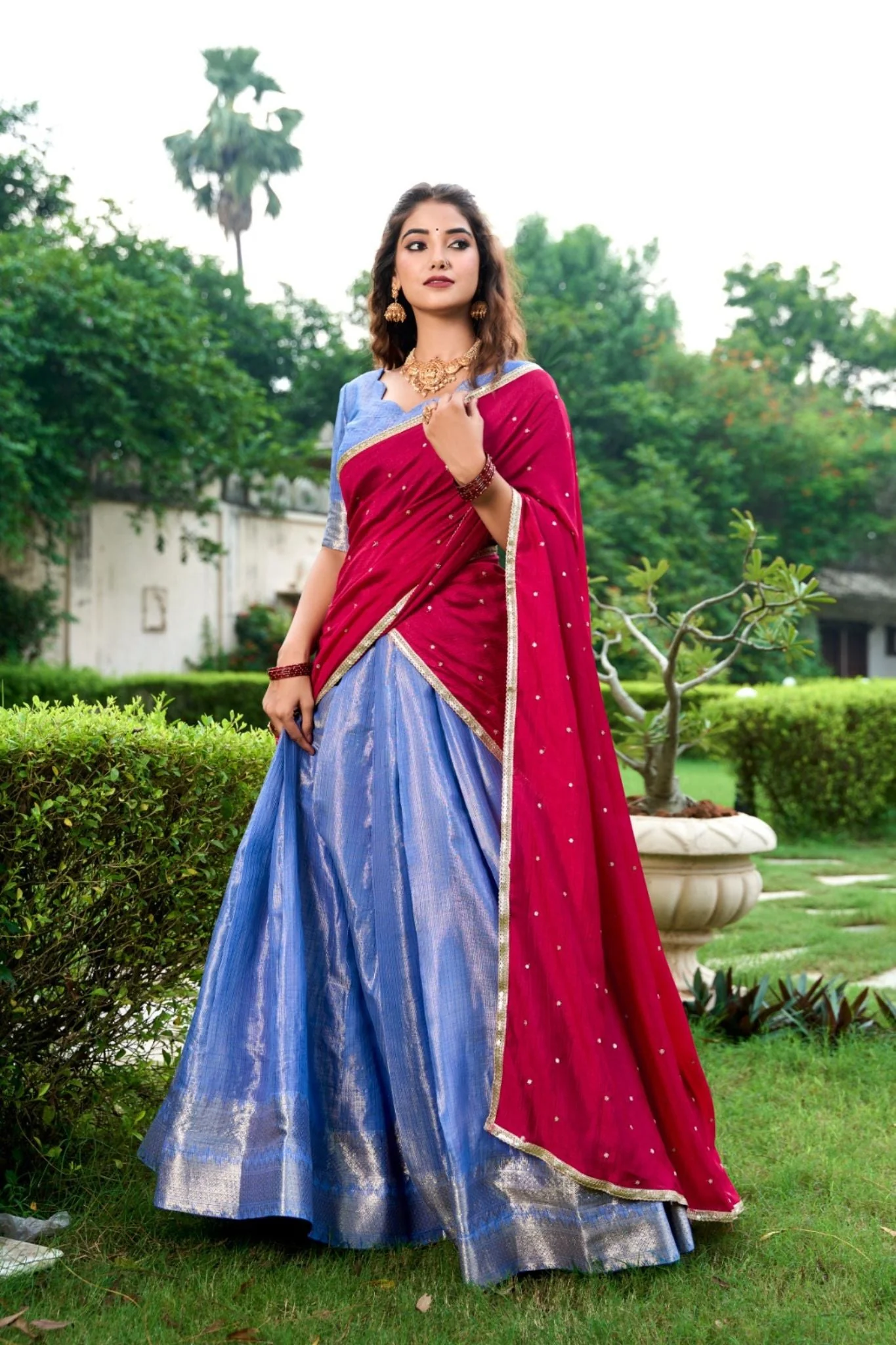 Kanchipuram Silk Lehenga Collection Green, Beige, and Pink with Contrasting Dupattas - Image 8