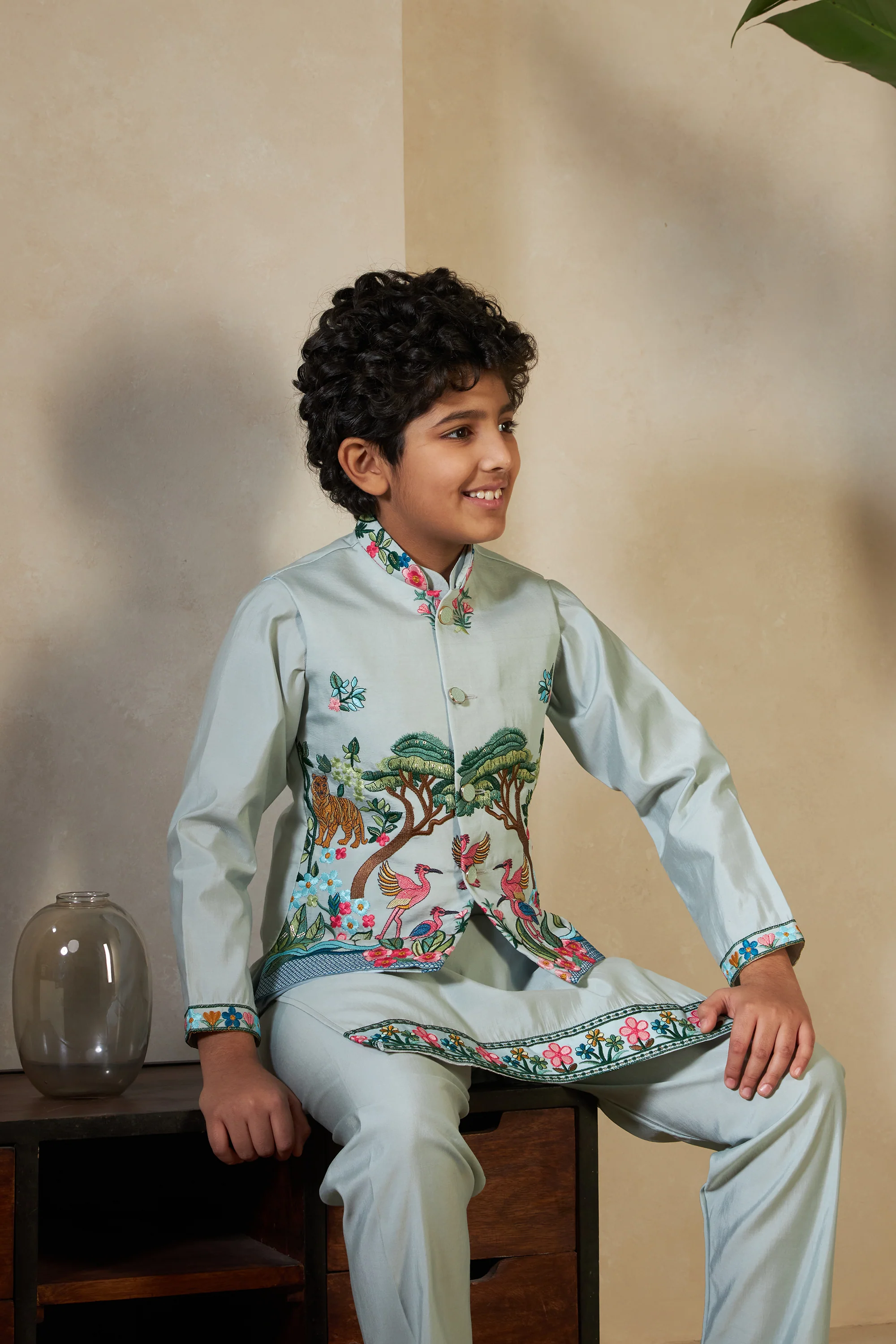 Kids Pista Viscose Silk Kurta Set with Embroidered Koti - Image 2