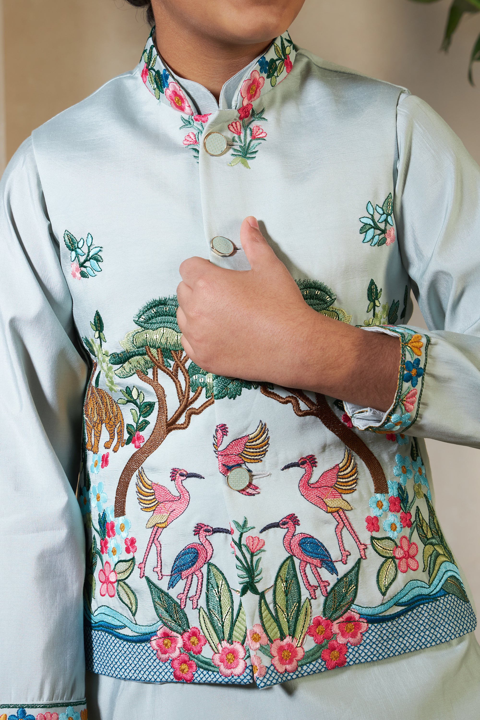Kids Pista Viscose Silk Kurta Set with Embroidered Koti - Image 3