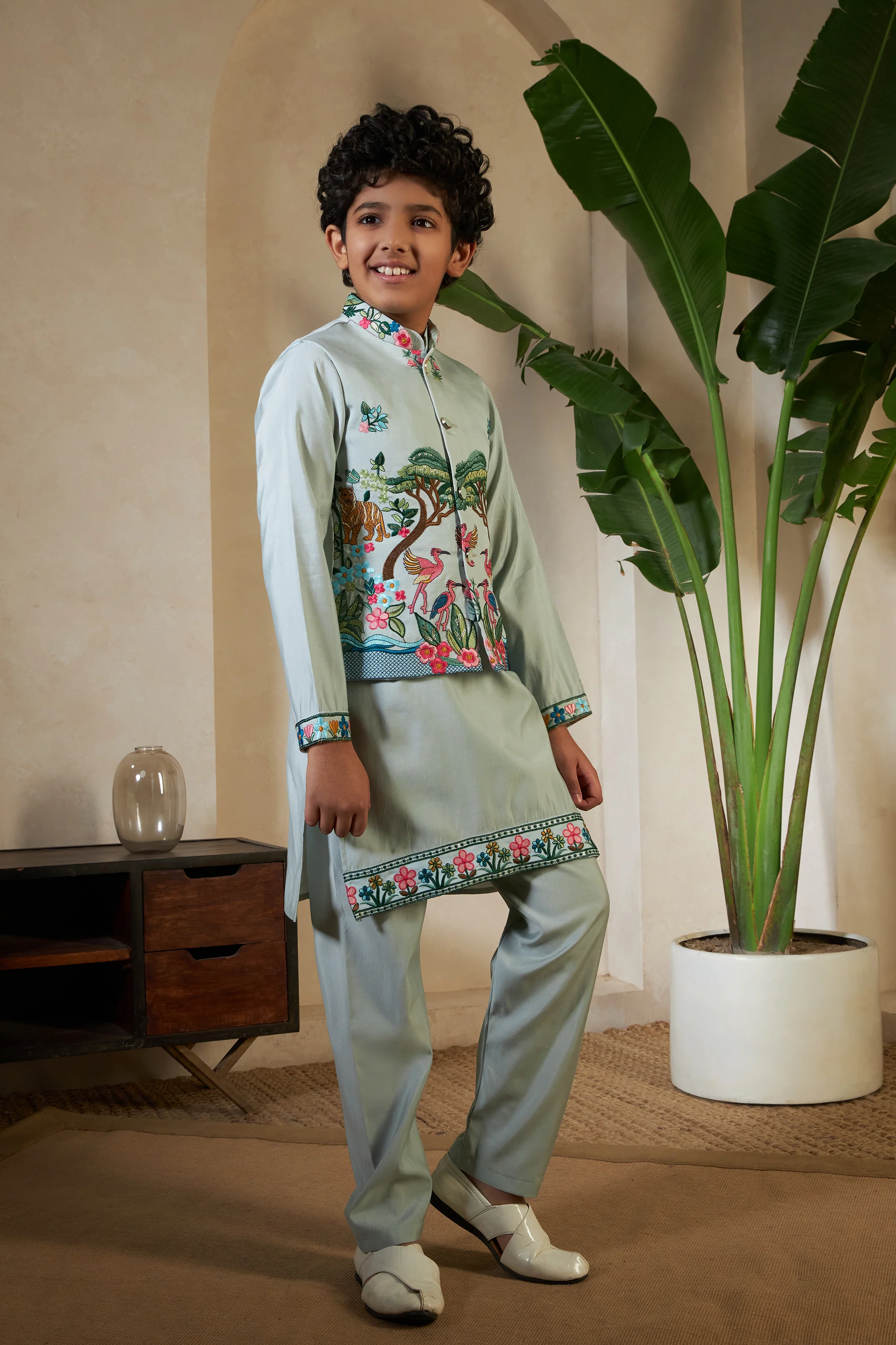Kids Pista Viscose Silk Kurta Set with Embroidered Koti - Image 5